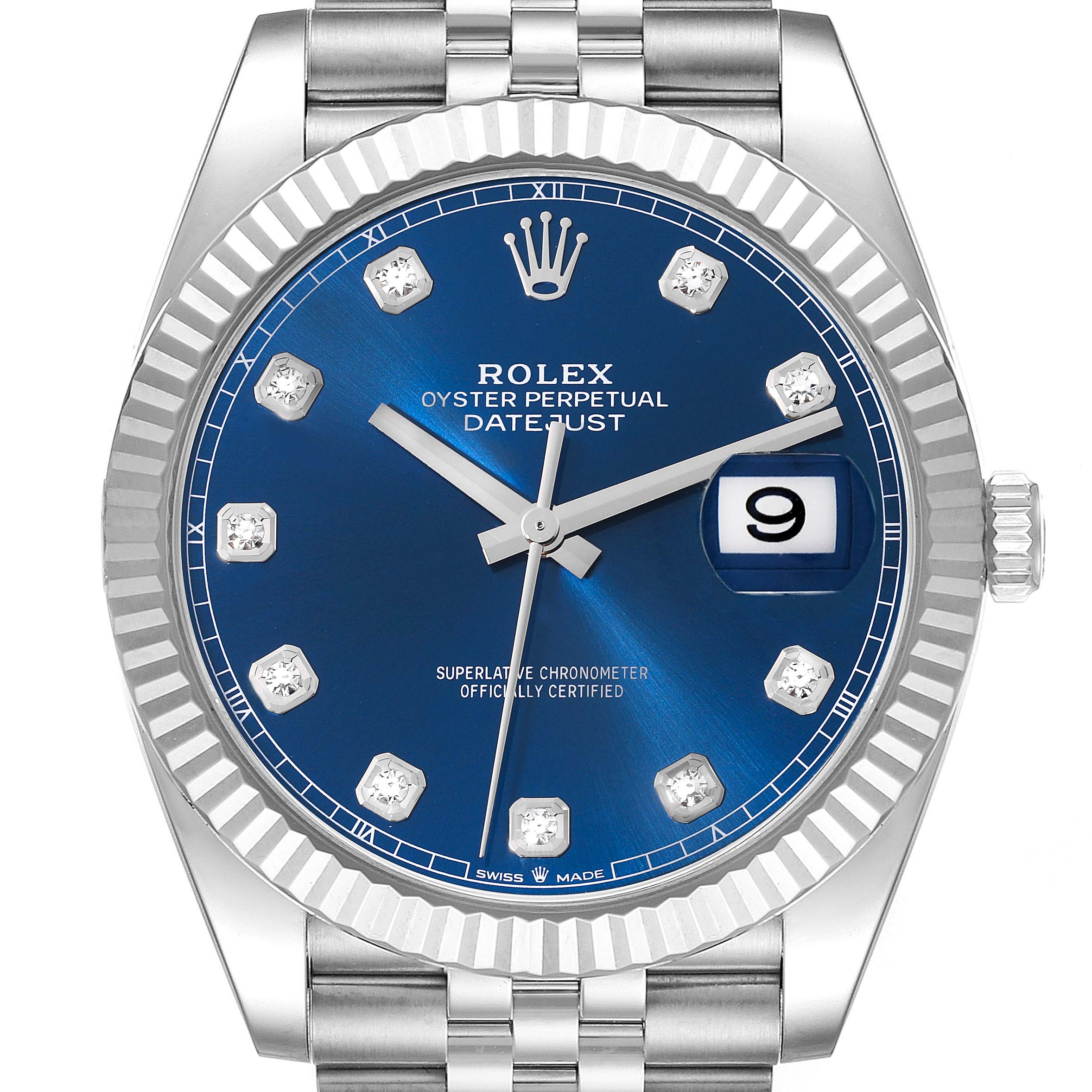 This image shows the front view of a Rolex Datejust 41 126334 Men
s Stainless Steel Blue Dial 126334 Men
s Stainless Steel Blue Dial watch, highlighting its blue dial, diamond hour markers, and date display.