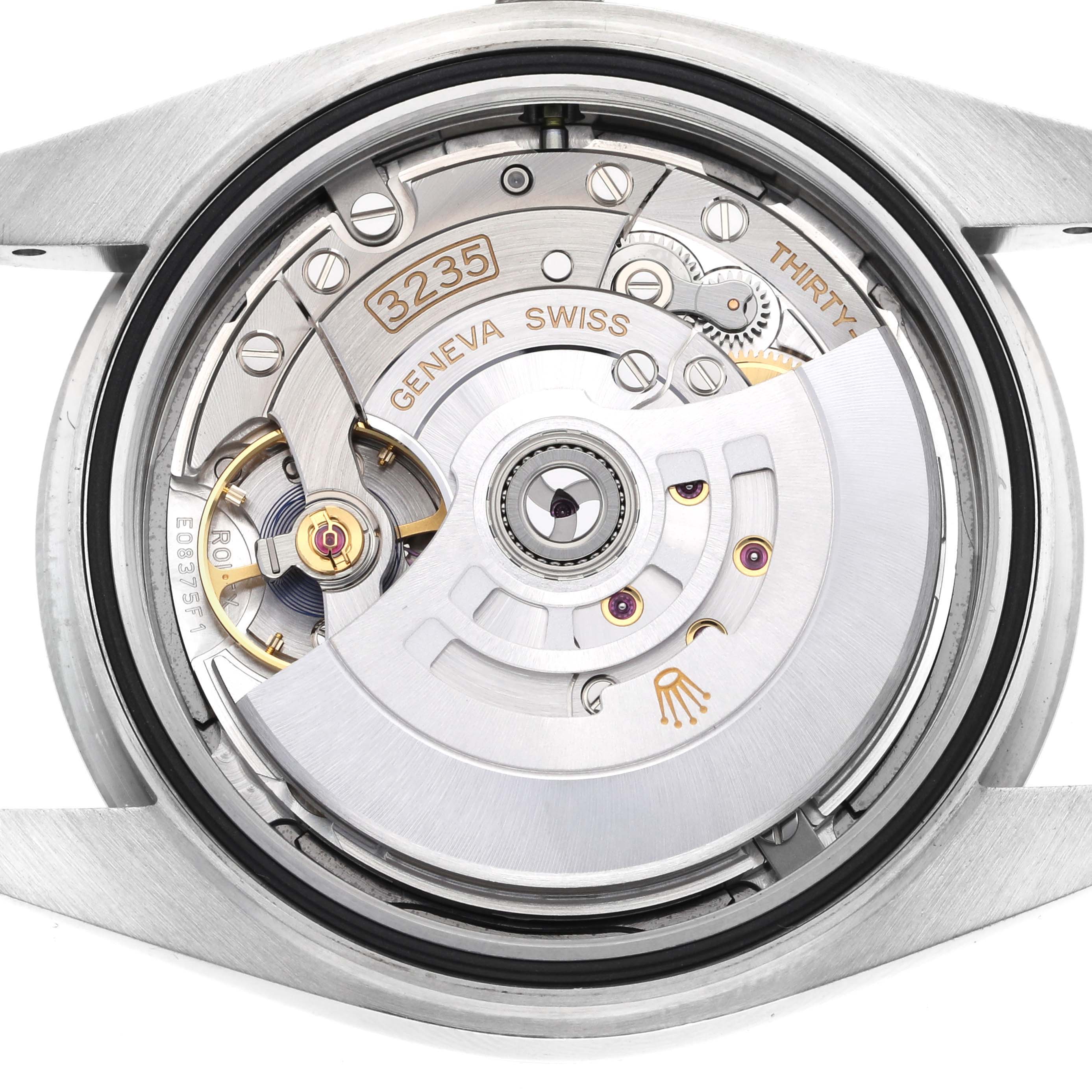 The image shows the Rolex Datejust 41 126334 Men
s Stainless Steel Blue Dial 126334 Men
s Stainless Steel Blue Dial model watch
s internal movement mechanism from the back.