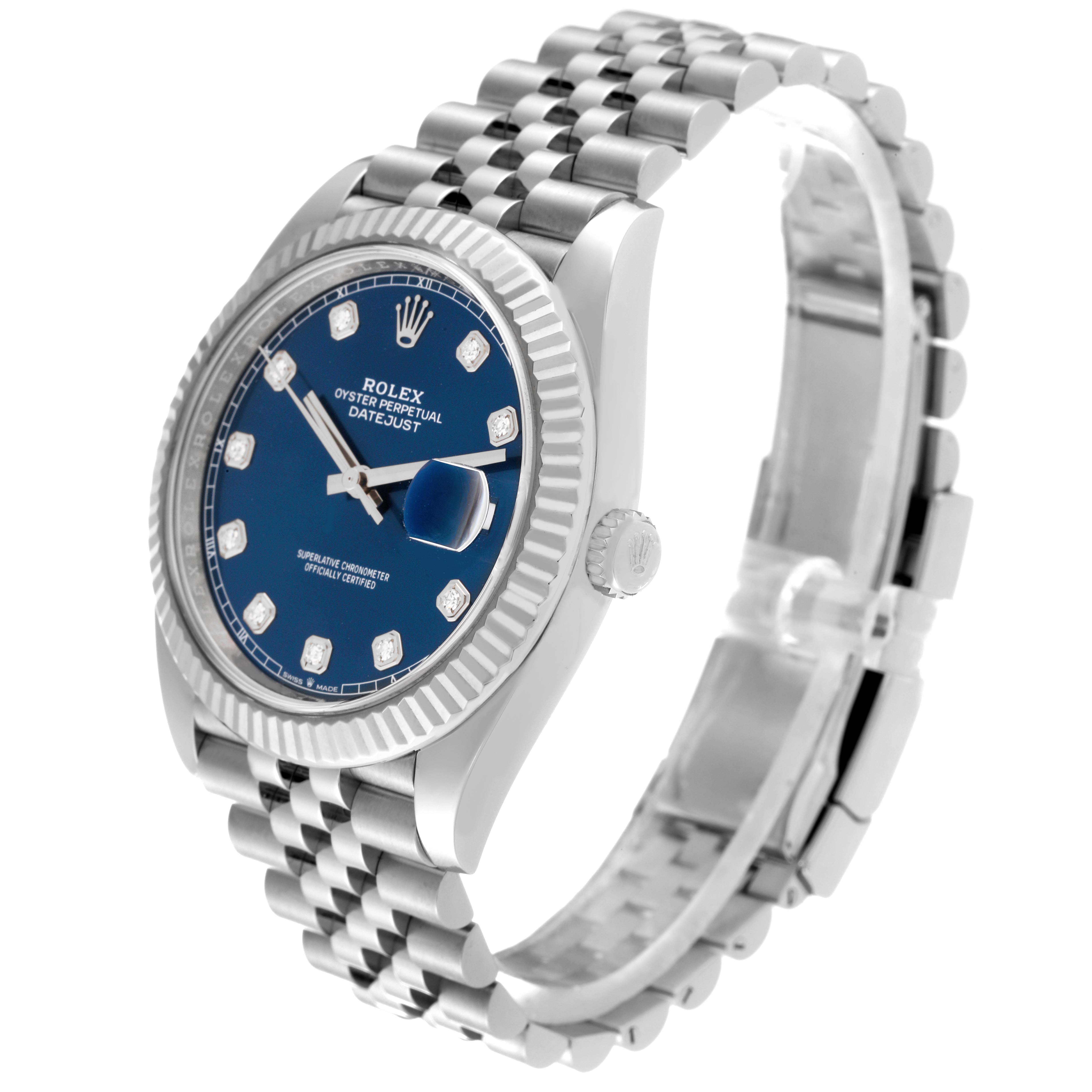 The Rolex Datejust 41 126334 Men
s Stainless Steel Blue Dial 126334 Men
s Stainless Steel Blue Dial watch is shown from an angled side view, displaying the face, bezel, crown, and bracelet.