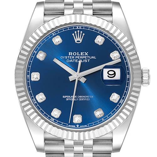 The image shows a frontal view of the Rolex Datejust 41 watch featuring a blue dial, diamond hour markers, and a stainless steel bracelet.