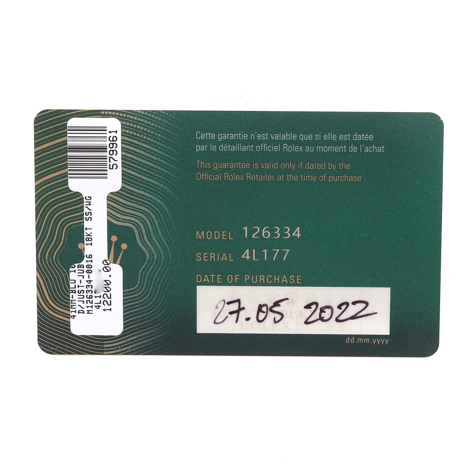The image shows the warranty card for a Rolex Datejust 41 126334 Men
s Stainless Steel Blue Dial 126334 Men
s Stainless Steel Blue Dial model, indicating its model and serial numbers and date of purchase.