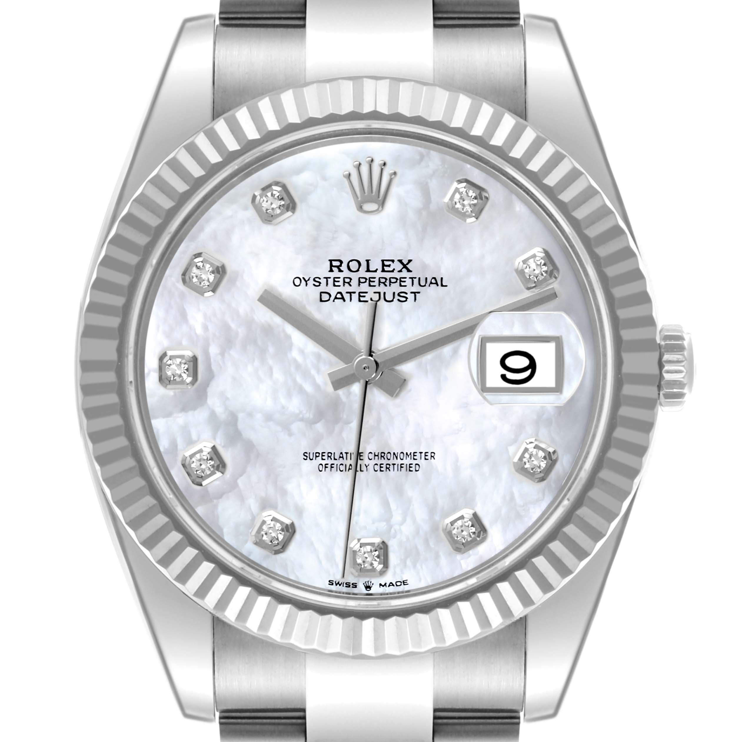 The Rolex Datejust 41 model 126334NG is shown from a front angle, displaying its case, dial with diamond hour markers, fluted bezel, and a portion of the bracelet.