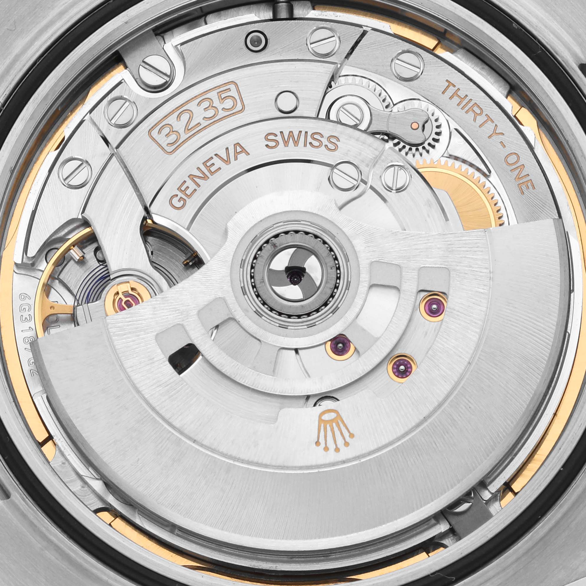 The image shows the intricate movement mechanism of the Rolex Datejust 41, model 126334NG, focusing on the rotor and inner components from a rear angle.