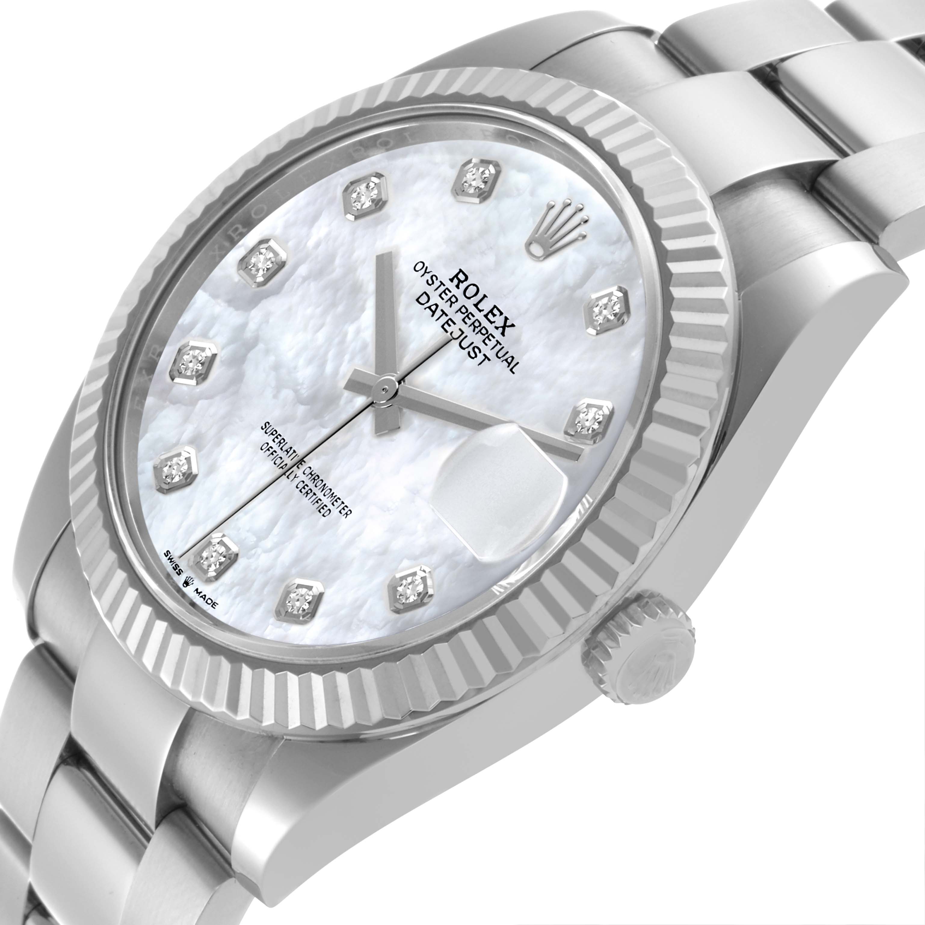 The Rolex Datejust 41 model 126334NG is shown at a side angle, highlighting the fluted bezel, crown, and bracelet links.