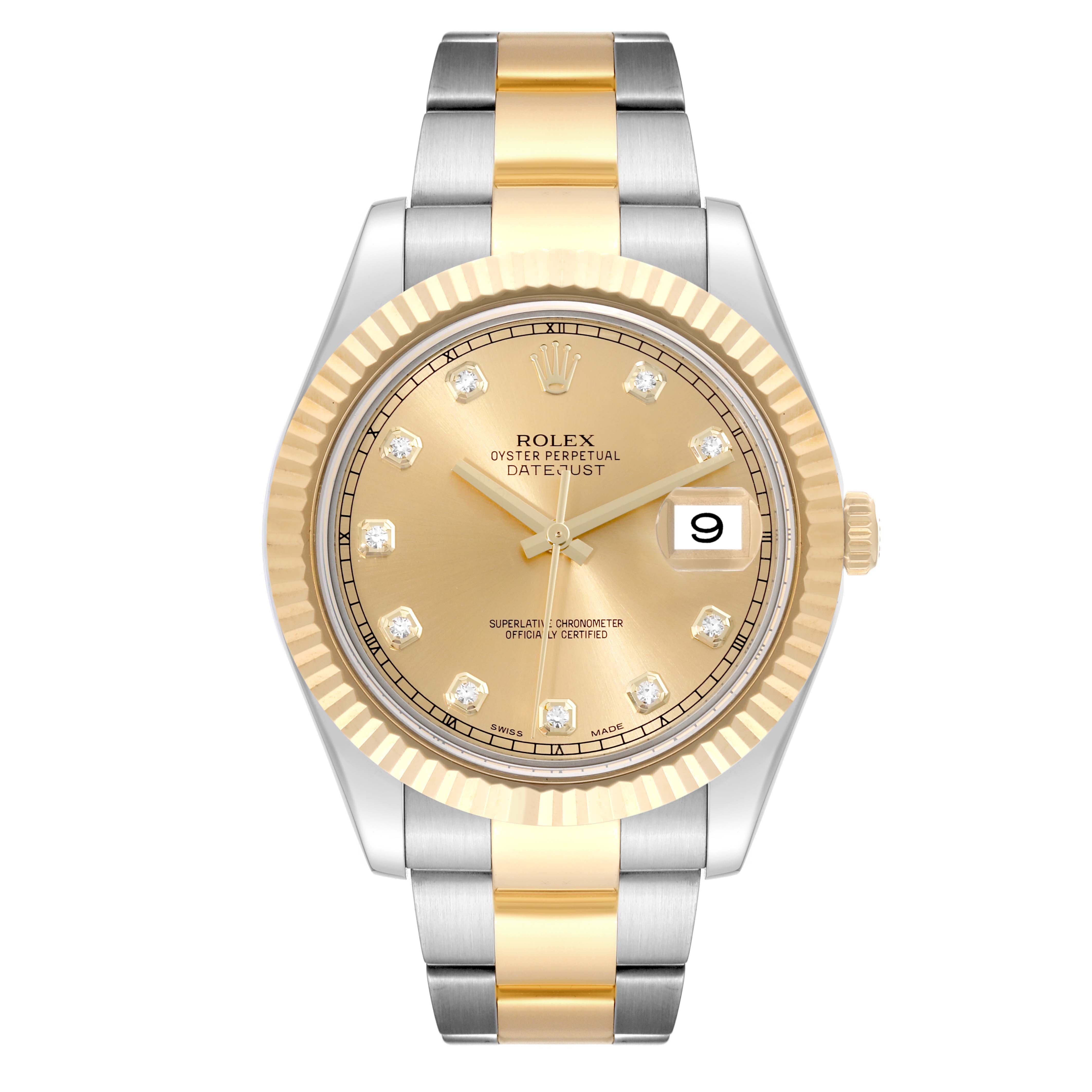 The image shows a front view of a Rolex Datejust 41 116333 Men's Steel and Gold (two tone) Champagne Dial 116333 Men's Steel and Gold (two tone) Champagne Dial watch, highlighting its gold and silver bracelet and fluted bezel.