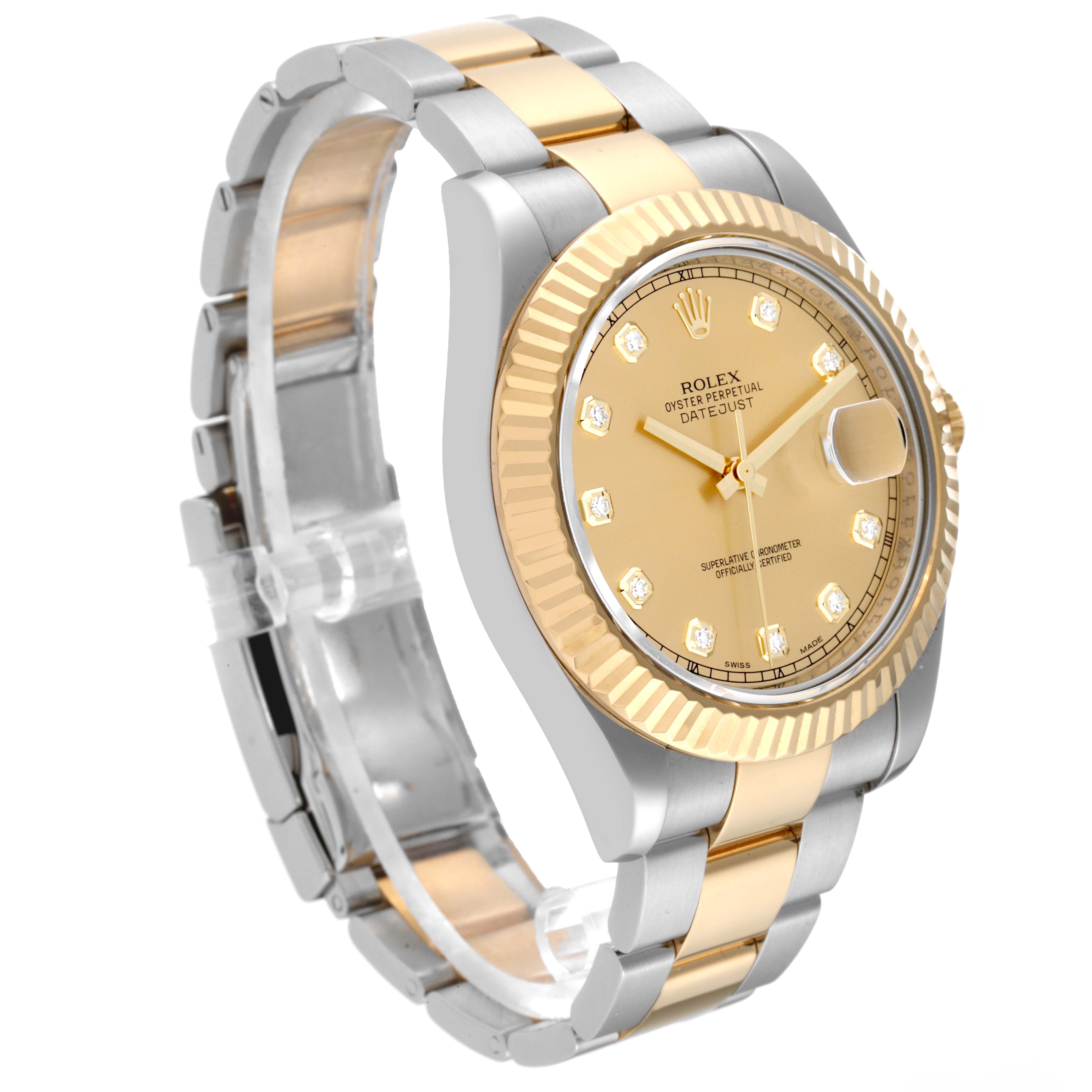 This Rolex Datejust 41 116333 Men's Steel and Gold (two tone) Champagne Dial 116333 Men's Steel and Gold (two tone) Champagne Dial watch is shown at a three-quarter angle, highlighting its gold dial, fluted bezel, and bi-metal bracelet.