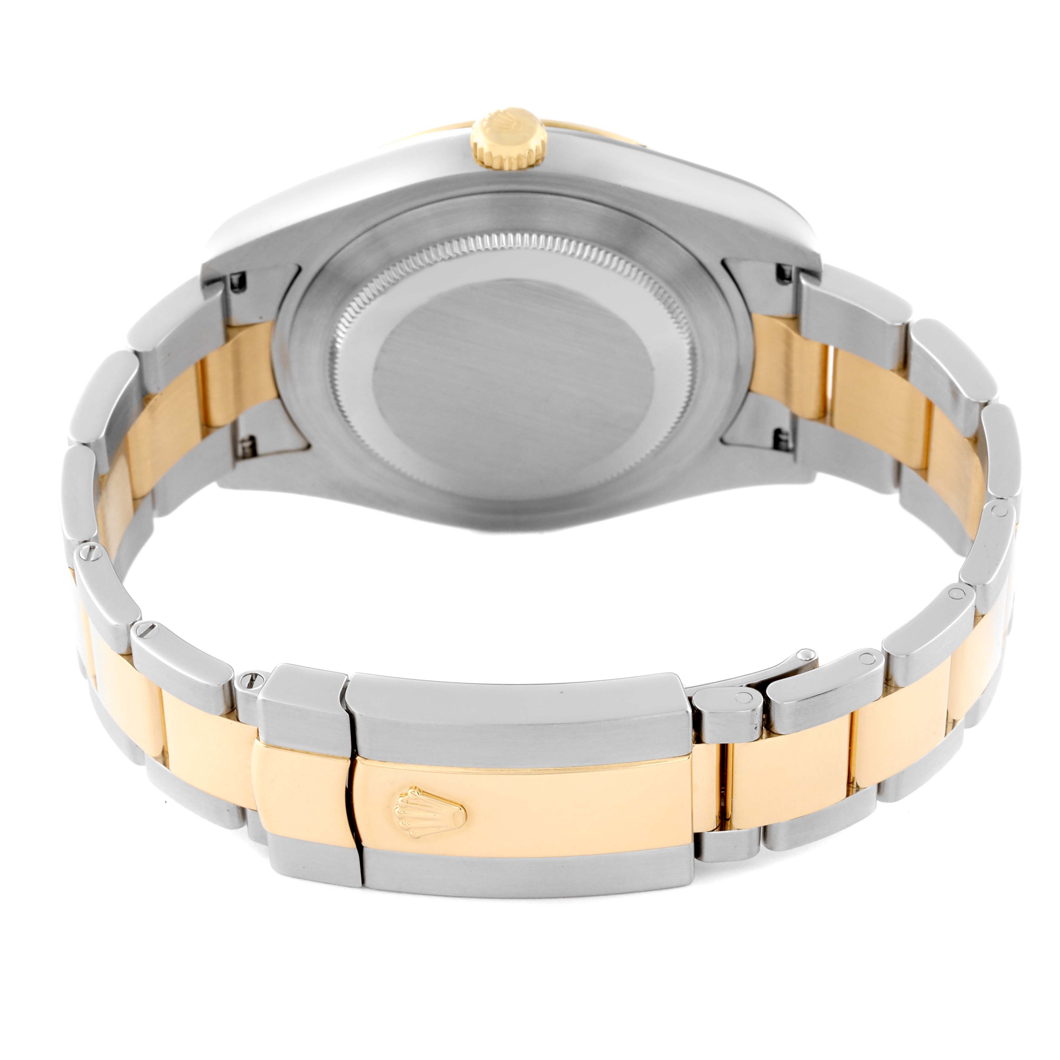 This Rolex Datejust 41 116333 Men's Steel and Gold (two tone) Champagne Dial 116333 Men's Steel and Gold (two tone) Champagne Dial watch is shown from the back, highlighting its case back, bracelet, and clasp.