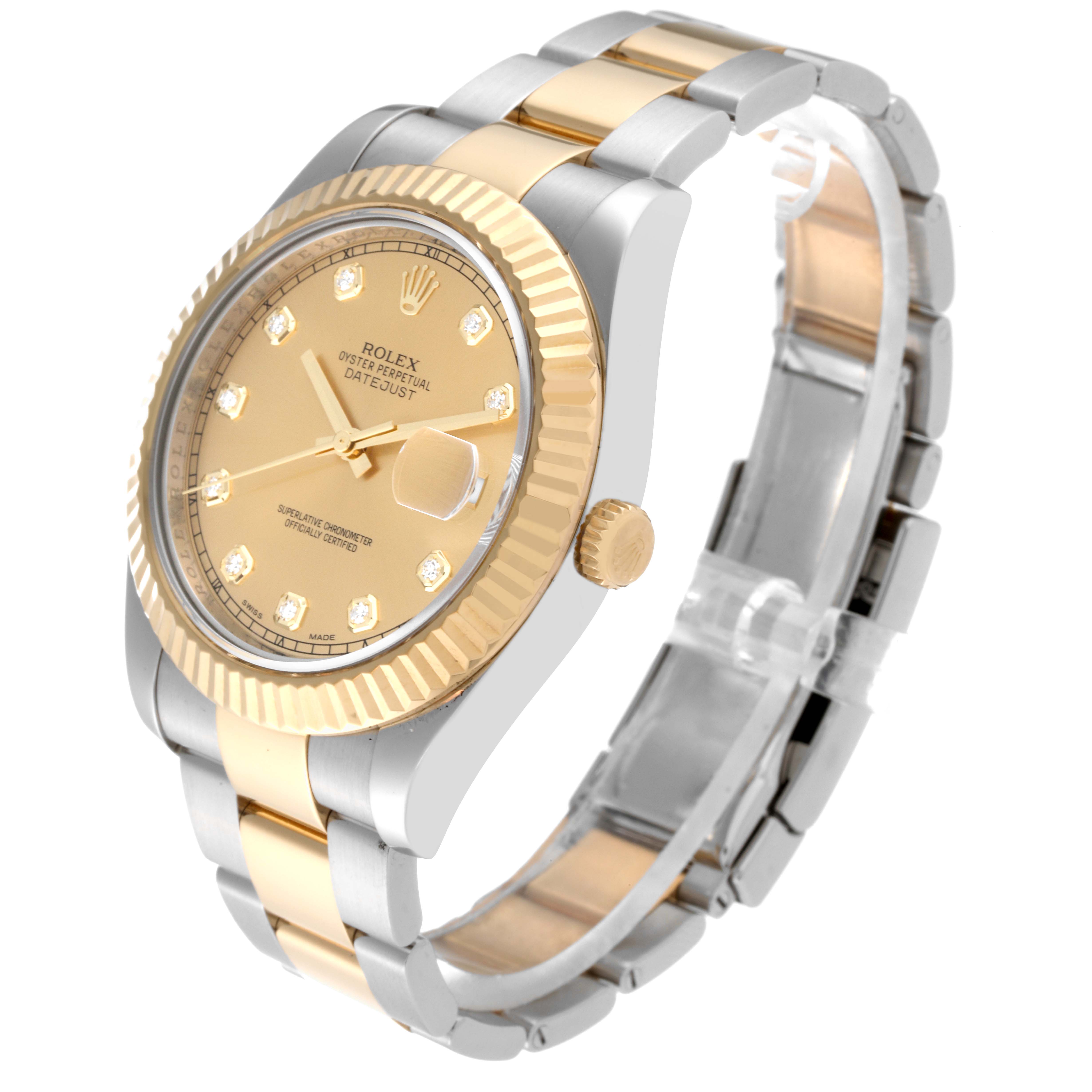 This Rolex Datejust 41 116333 Men's Steel and Gold (two tone) Champagne Dial 116333 Men's Steel and Gold (two tone) Champagne Dial watch is shown from an angled side view, highlighting its gold bezel, crown, dial, and two-tone bracelet.