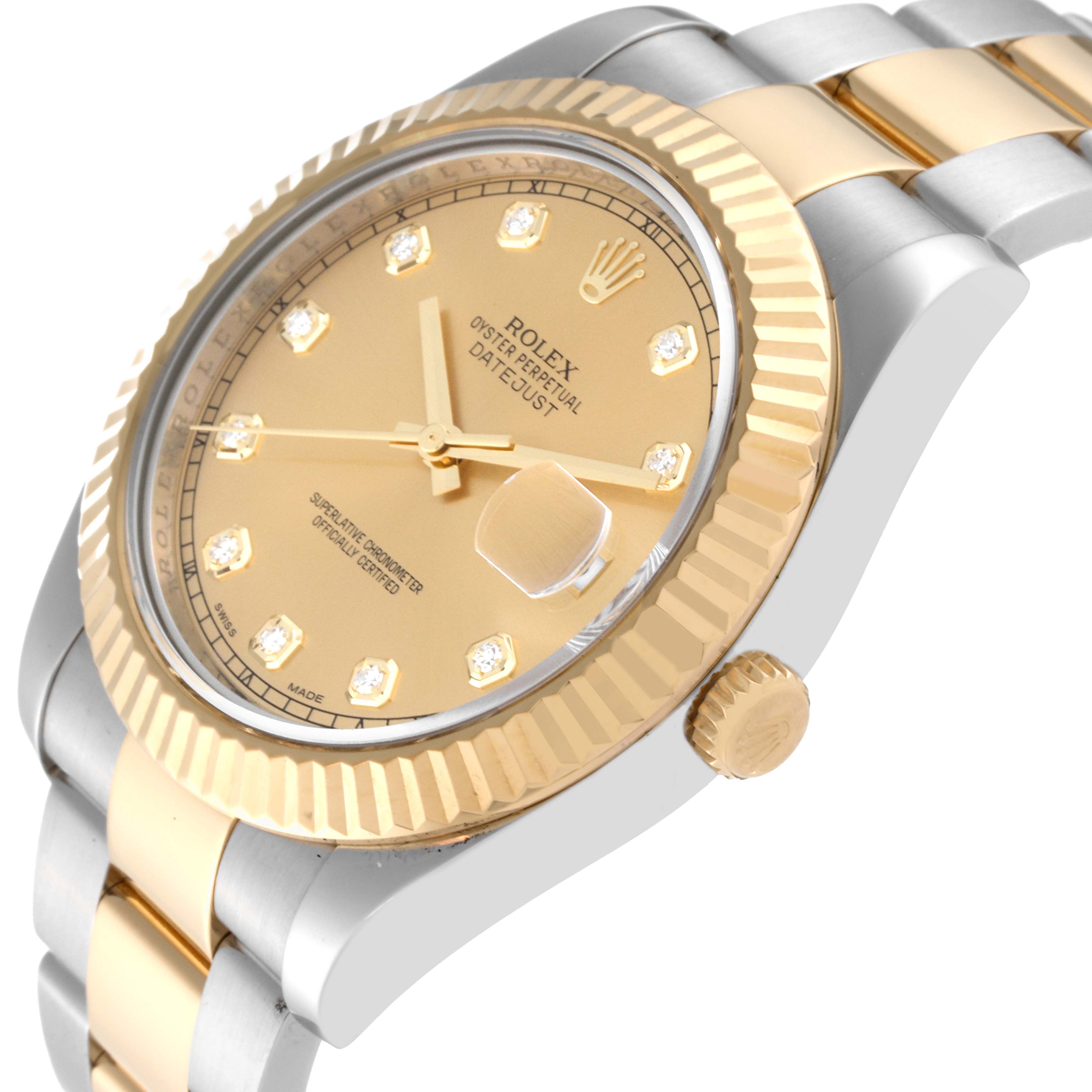 The Rolex Datejust 41 116333 Men's Steel and Gold (two tone) Champagne Dial 116333 Men's Steel and Gold (two tone) Champagne Dial watch is shown at an angle highlighting the dial, bezel, crown, and part of the bracelet.