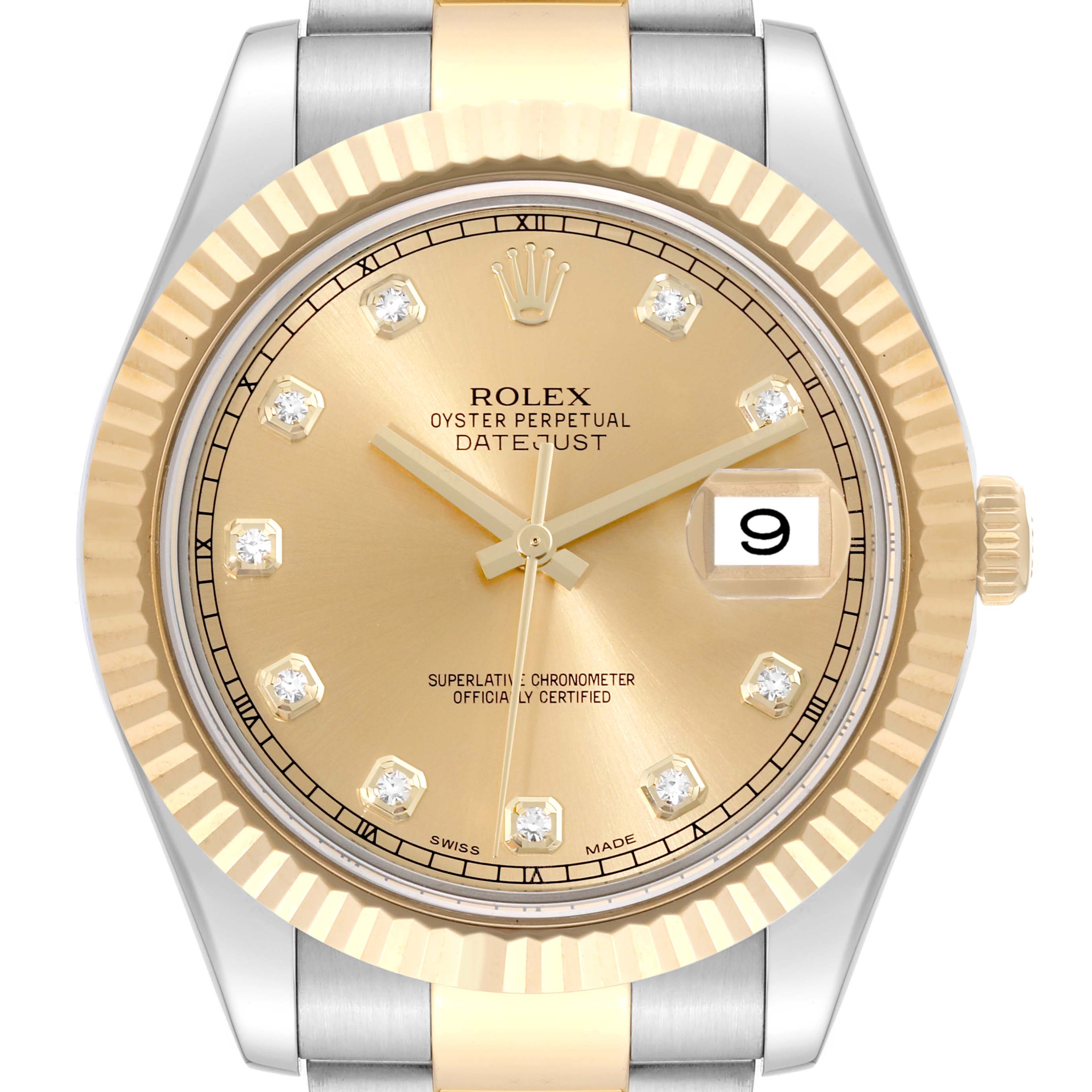 The image shows a front view of a Rolex Datejust 41 116333 Men's Steel and Gold (two tone) Champagne Dial 116333 Men's Steel and Gold (two tone) Champagne Dial, highlighting its champagne dial, diamond hour markers, and fluted bezel.