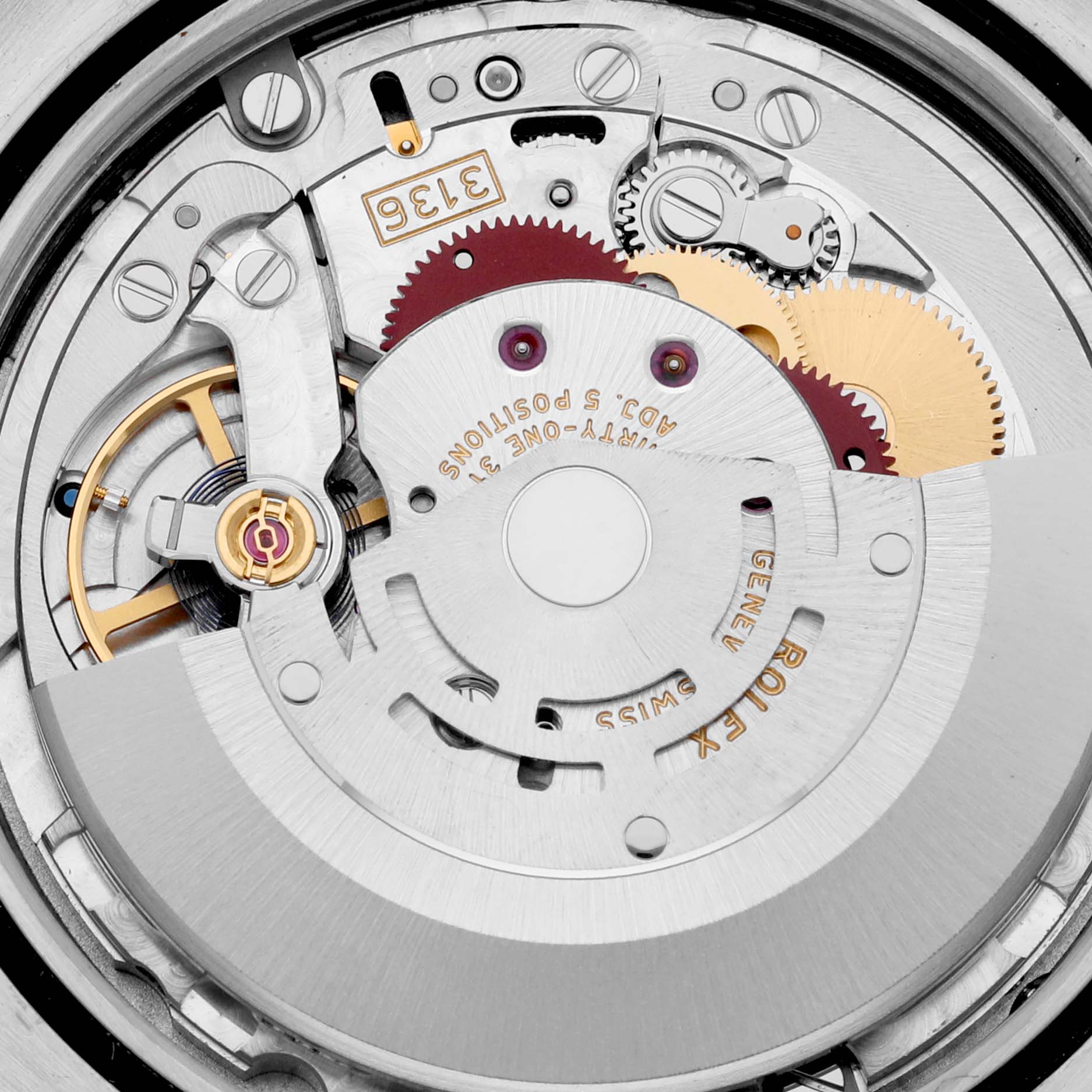 This image shows the intricate inner mechanism of the Rolex Datejust 41 116333 Men's Steel and Gold (two tone) Champagne Dial 116333 Men's Steel and Gold (two tone) Champagne Dial watch, highlighting gears and the balance wheel.