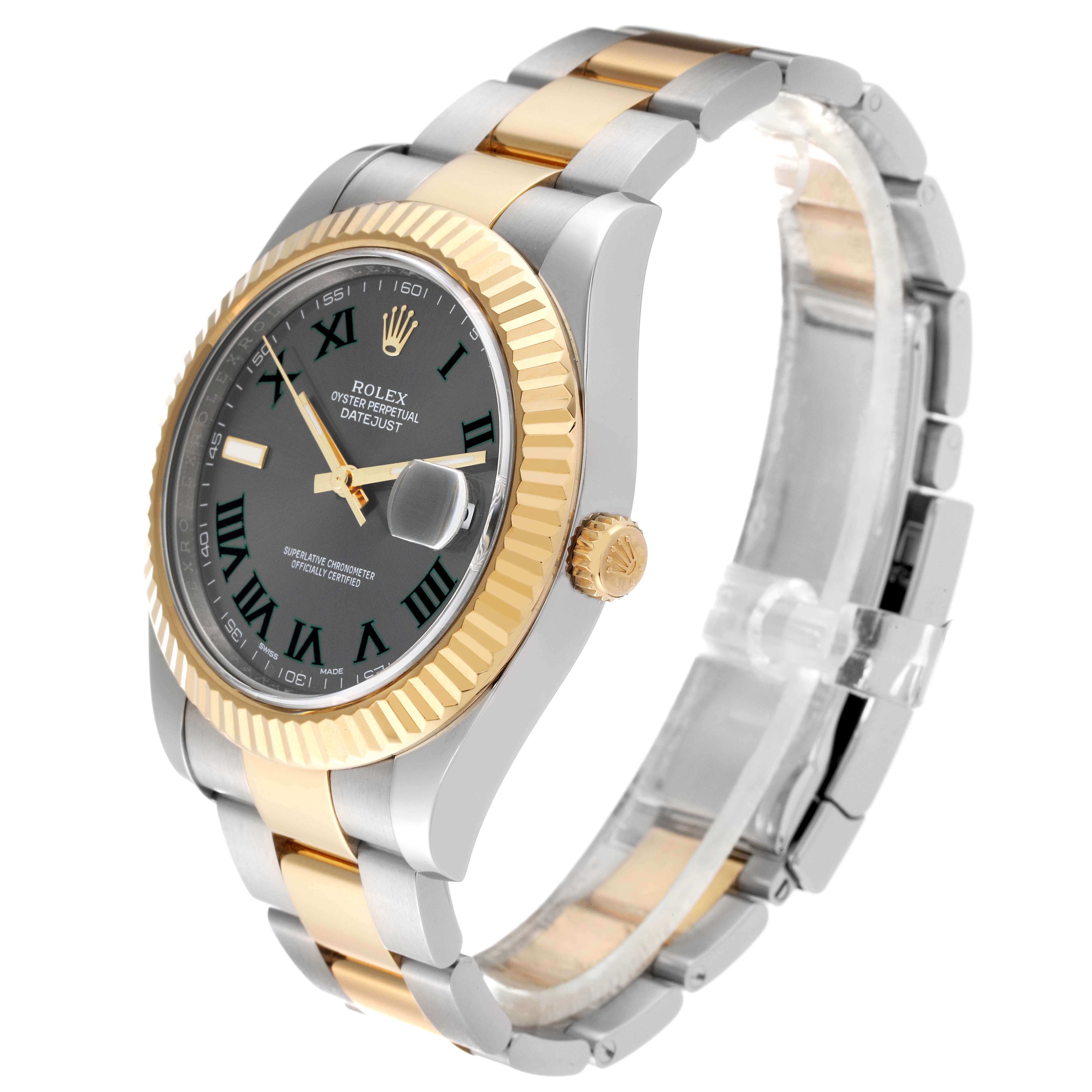 The image shows a Rolex Datejust 41 116333 Men's Steel and Gold (two tone) Grey Dial 116333 Men's Steel and Gold (two tone) Grey Dial watch, highlighting its two-tone bracelet and fluted bezel angled slightly from the front.