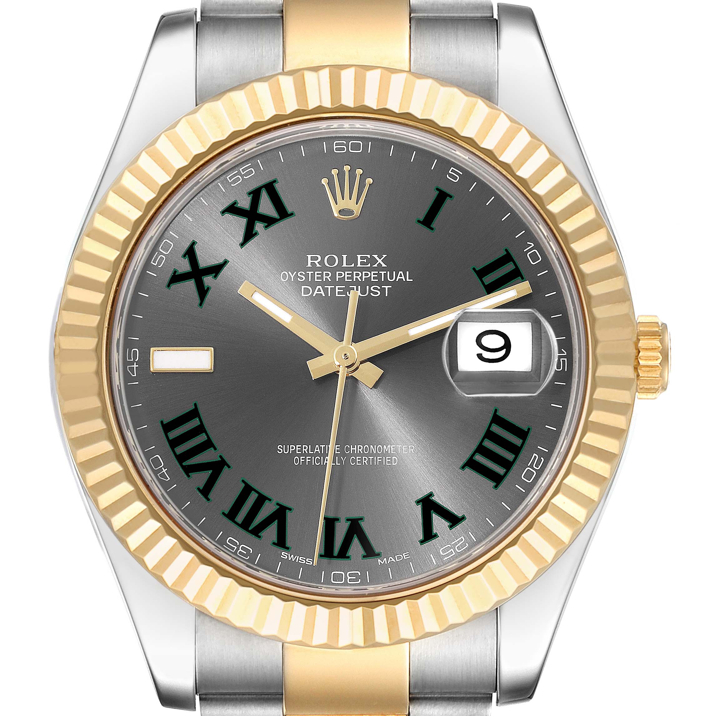 The image shows a front view of a Rolex Datejust 41 116333 Men's Steel and Gold (two tone) Grey Dial 116333 Men's Steel and Gold (two tone) Grey Dial watch, highlighting the dial, date window, and two-tone bezel and bracelet.