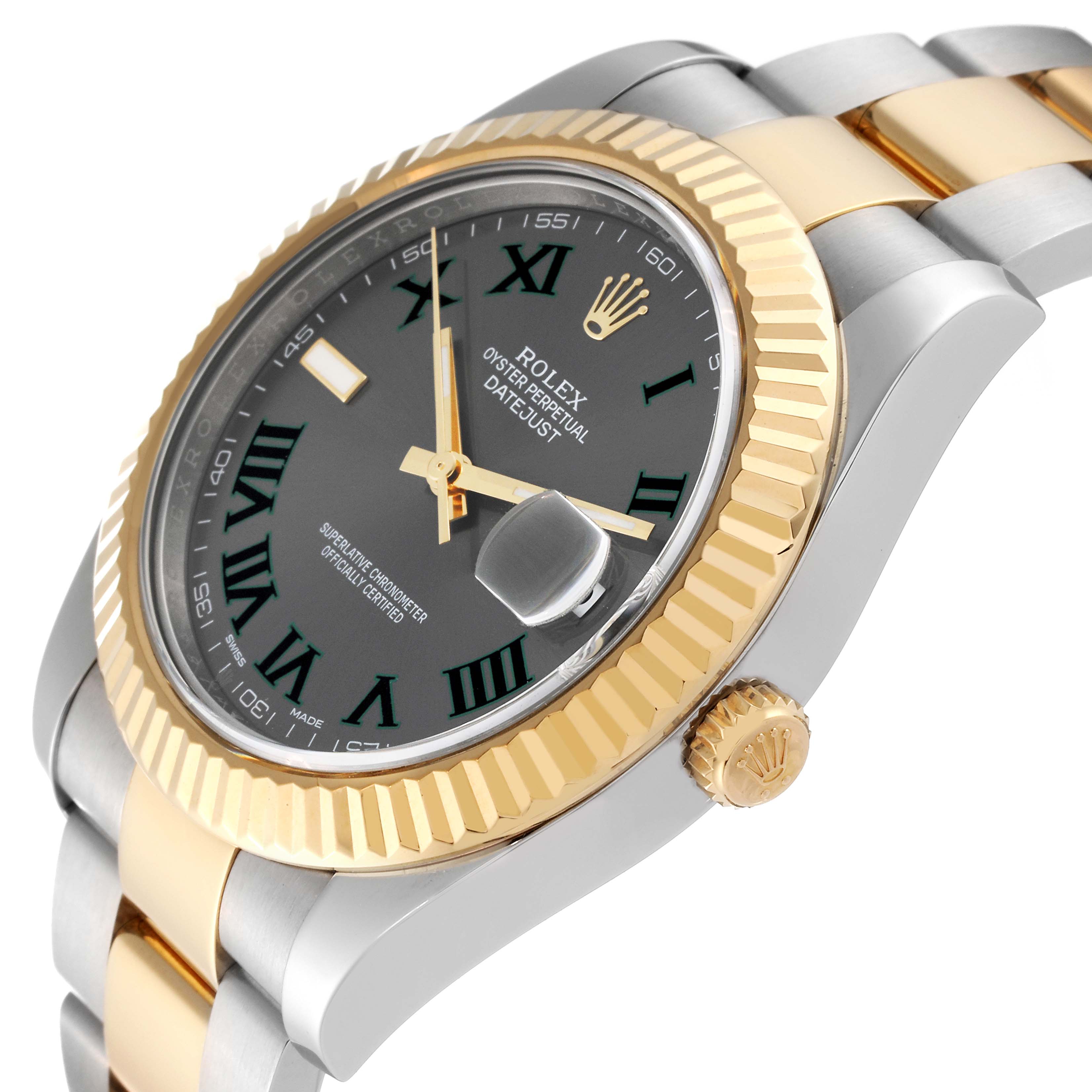 The image shows the Rolex Datejust 41 116333 Men's Steel and Gold (two tone) Grey Dial 116333 Men's Steel and Gold (two tone) Grey Dial model from a side angle, highlighting the bezel, dial, crown, and part of the bracelet.