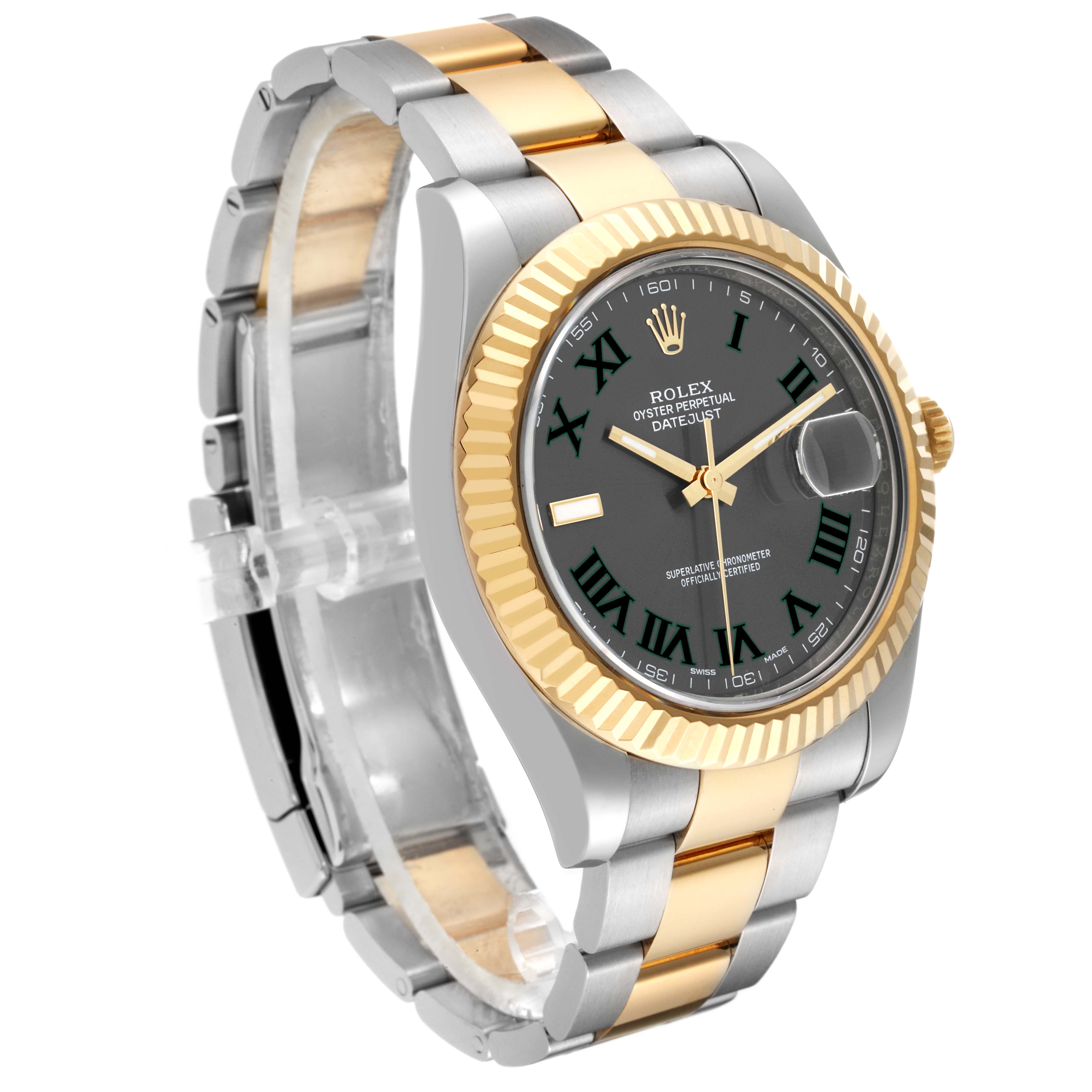 The image shows a three-quarter angle of the Rolex Datejust 41 116333 Men's Steel and Gold (two tone) Grey Dial 116333 Men's Steel and Gold (two tone) Grey Dial, highlighting the bracelet, case, bezel, and dial.