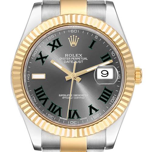 The image shows a front view of the Rolex Datejust 41 watch, featuring a two-tone bezel, roman numerals, and a date display.