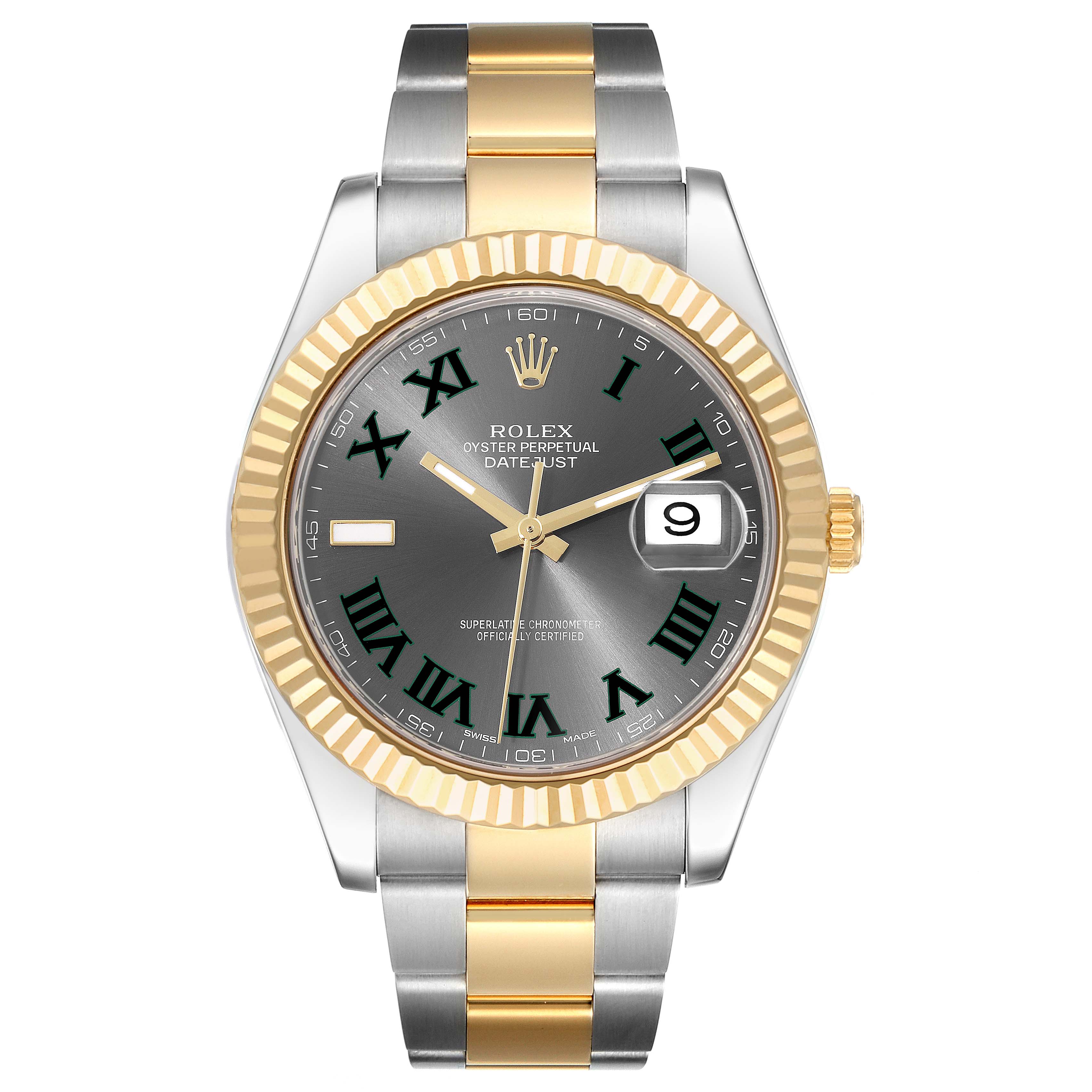 The image shows a front view of the Rolex Datejust 41 116333 Men's Steel and Gold (two tone) Grey Dial 116333 Men's Steel and Gold (two tone) Grey Dial, highlighting its dial, bezel, and two-tone bracelet.