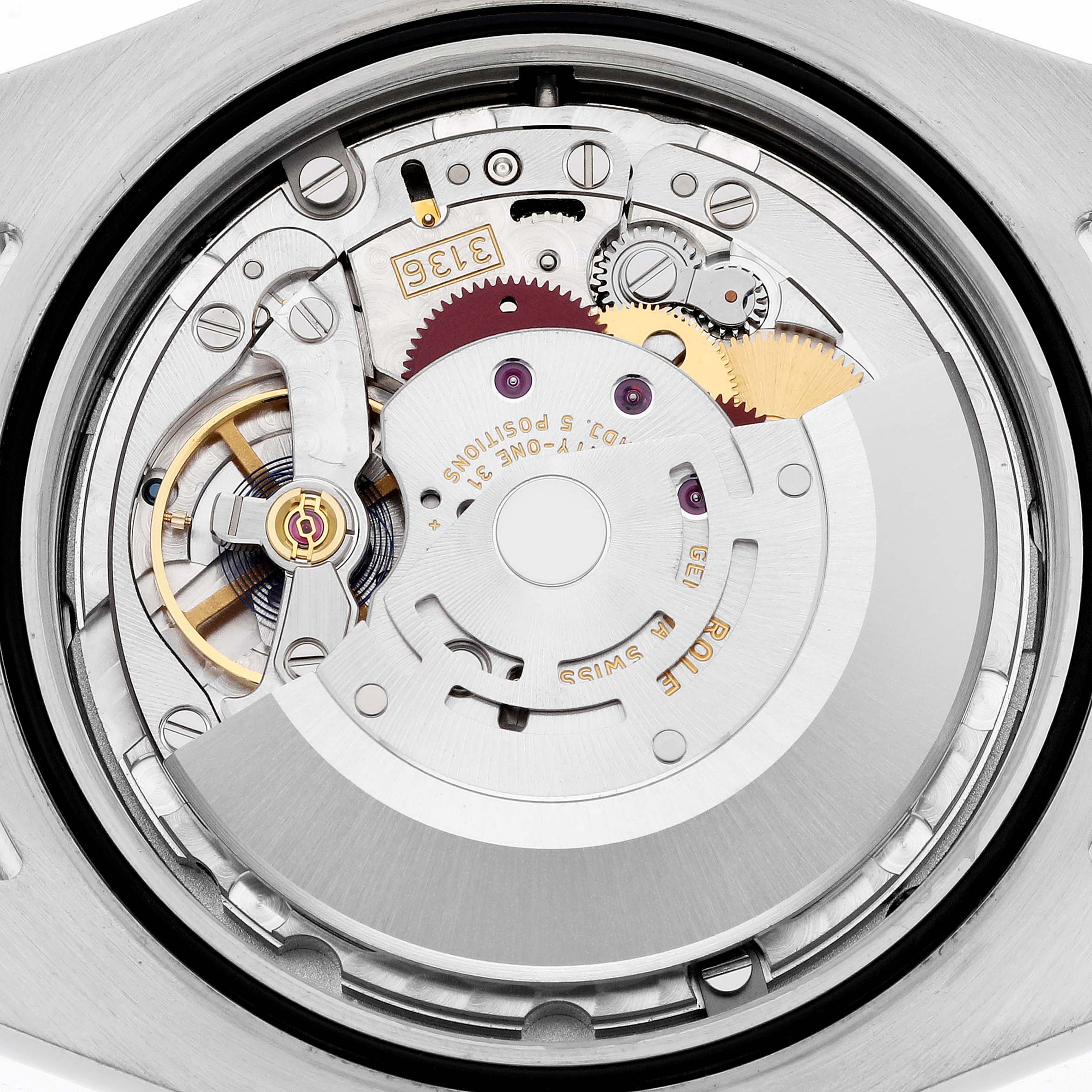 This image shows a close-up view of the movement mechanism inside the Rolex Datejust 41 116333 Men's Steel and Gold (two tone) Grey Dial 116333 Men's Steel and Gold (two tone) Grey Dial watch.