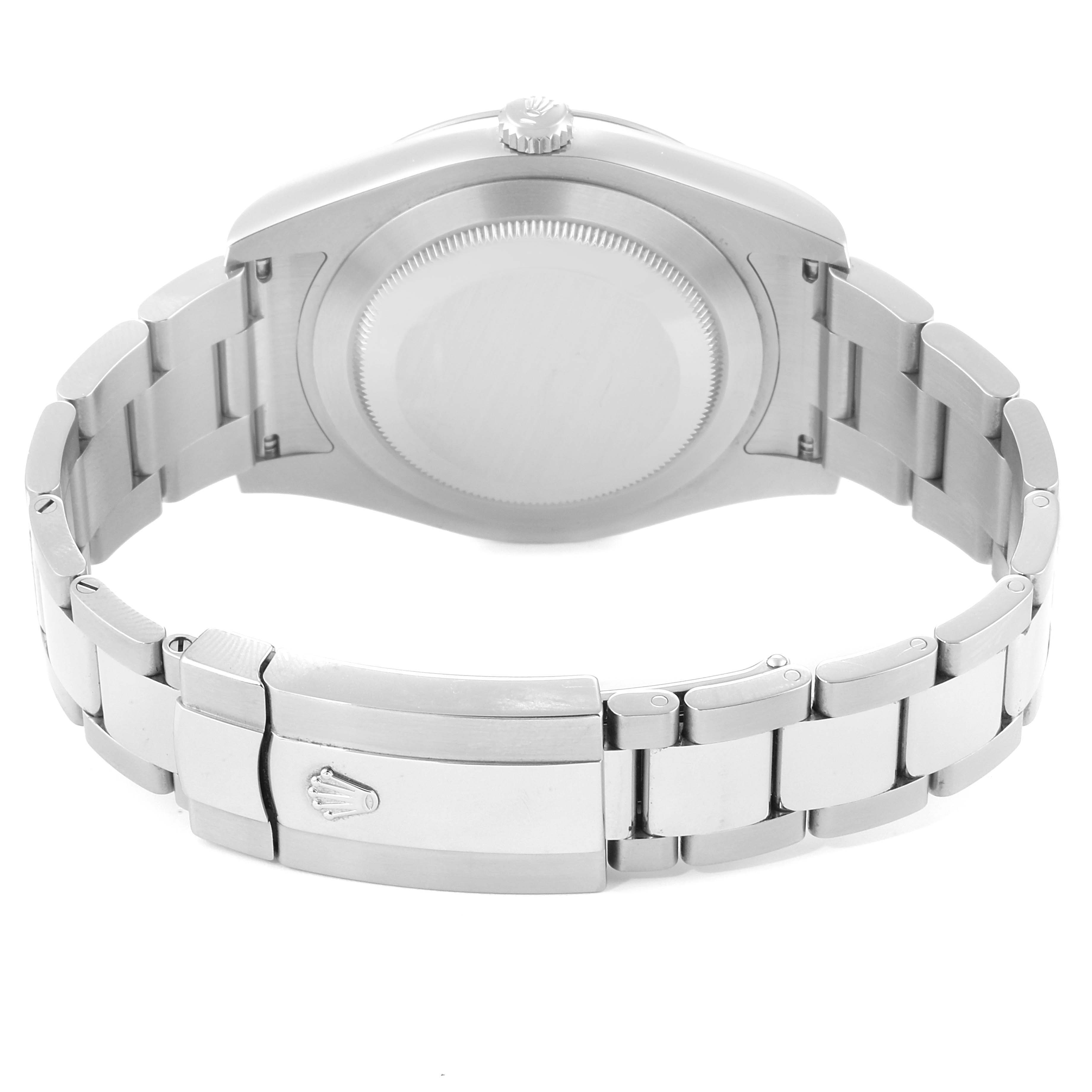 This image shows the back view of a Rolex Datejust 41 116334 Men's Stainless Steel Blue Dial 116334 Men's Stainless Steel Blue Dial watch, highlighting the case back, crown, and the bracelet with the clasp.