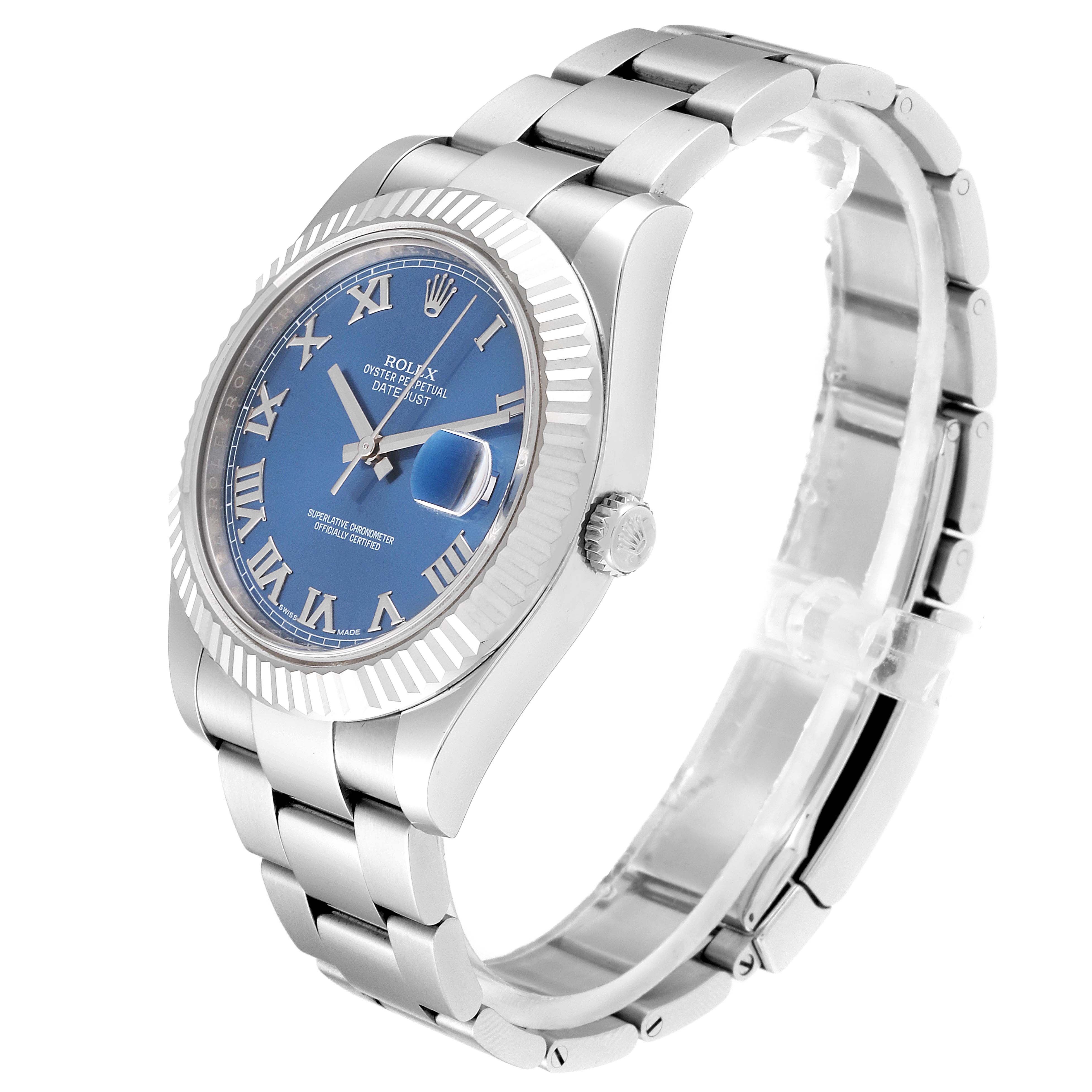 This image shows a side angle of a Rolex Datejust 41 116334 Men's Stainless Steel Blue Dial 116334 Men's Stainless Steel Blue Dial watch, featuring its blue bezel, fluted bezel, and jubilee bracelet.