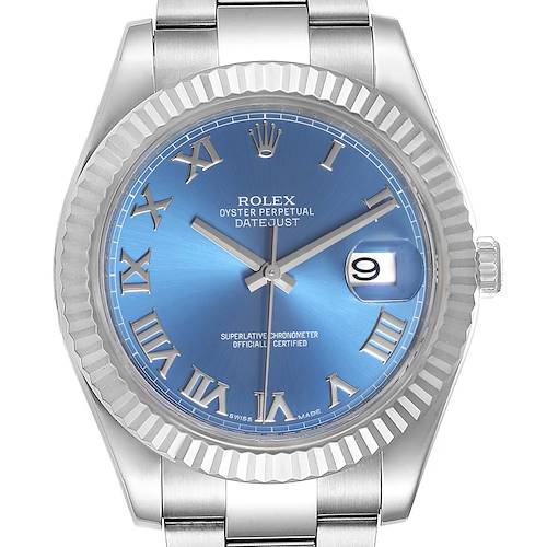 Photo of Rolex Datejust II Blue Roman Dial Fluted Bezel Mens Watch 116334 Box Card