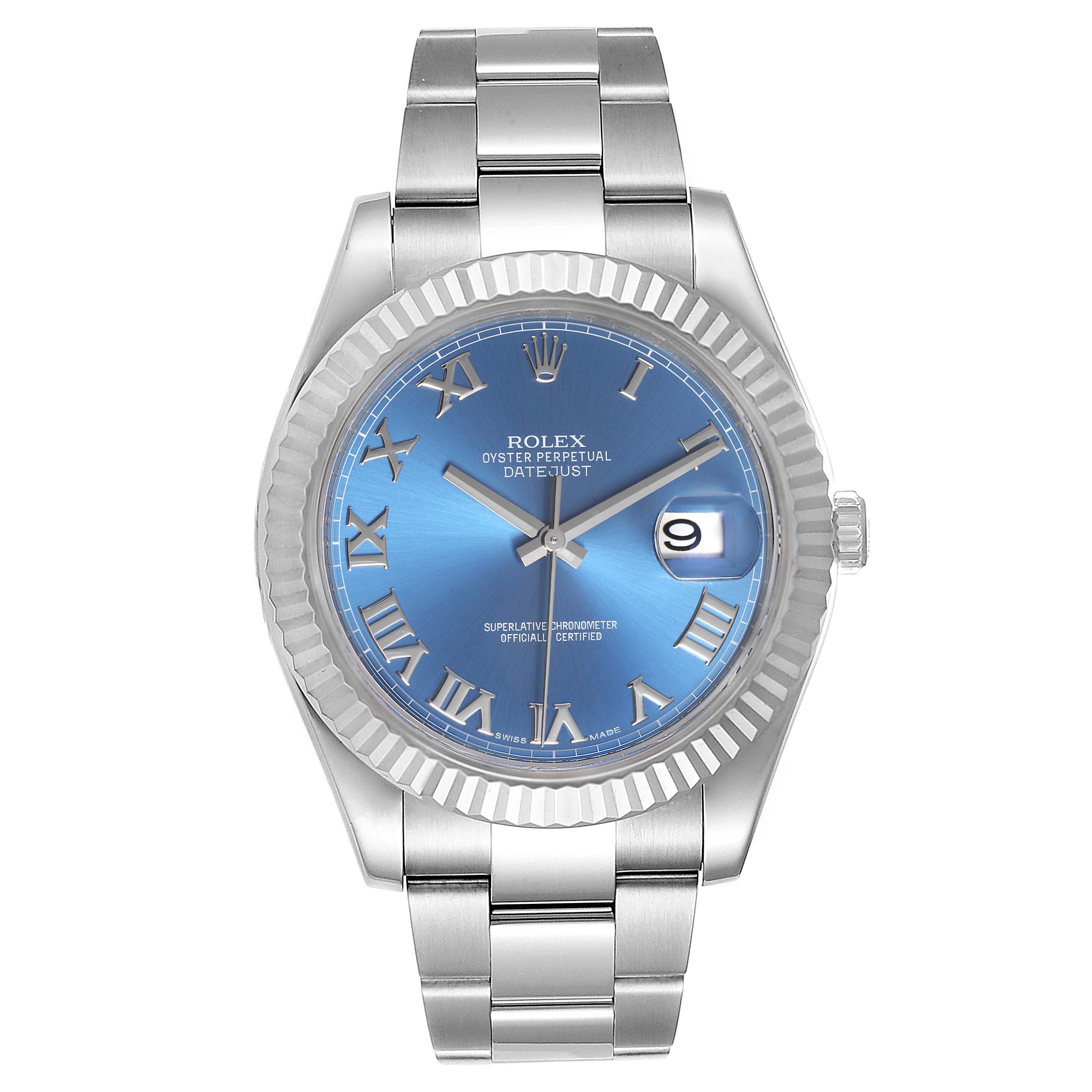 The Rolex Datejust 41 116334 Men's Stainless Steel Blue Dial 116334 Men's Stainless Steel Blue Dial watch is shown from a front angle, displaying the blue dial, Roman numerals, date, and stainless steel bracelet.