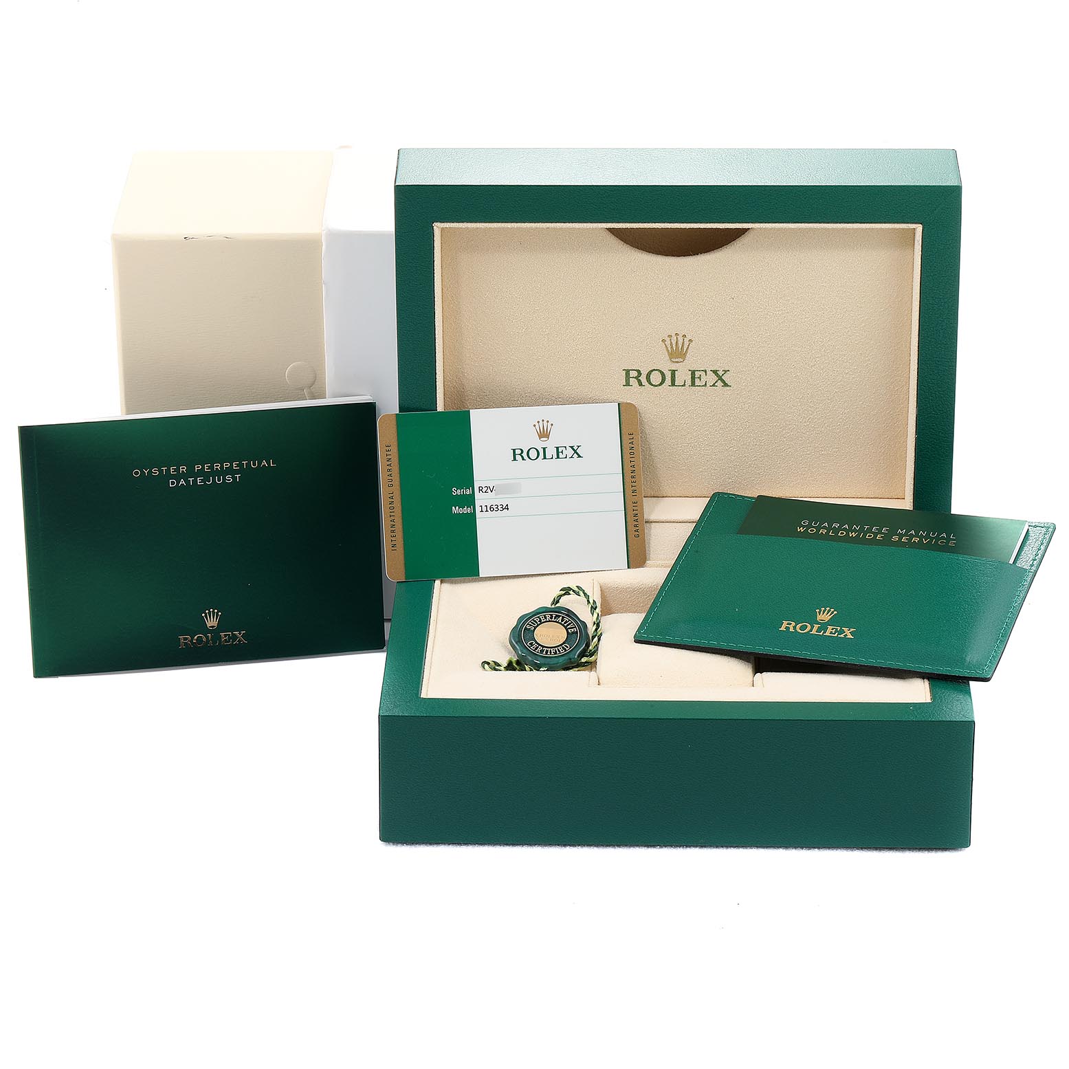 This image shows the packaging, guarantee card, manuals, and other accessories for the Rolex Datejust 41 116334 Men's Stainless Steel Blue Dial 116334 Men's Stainless Steel Blue Dial model.