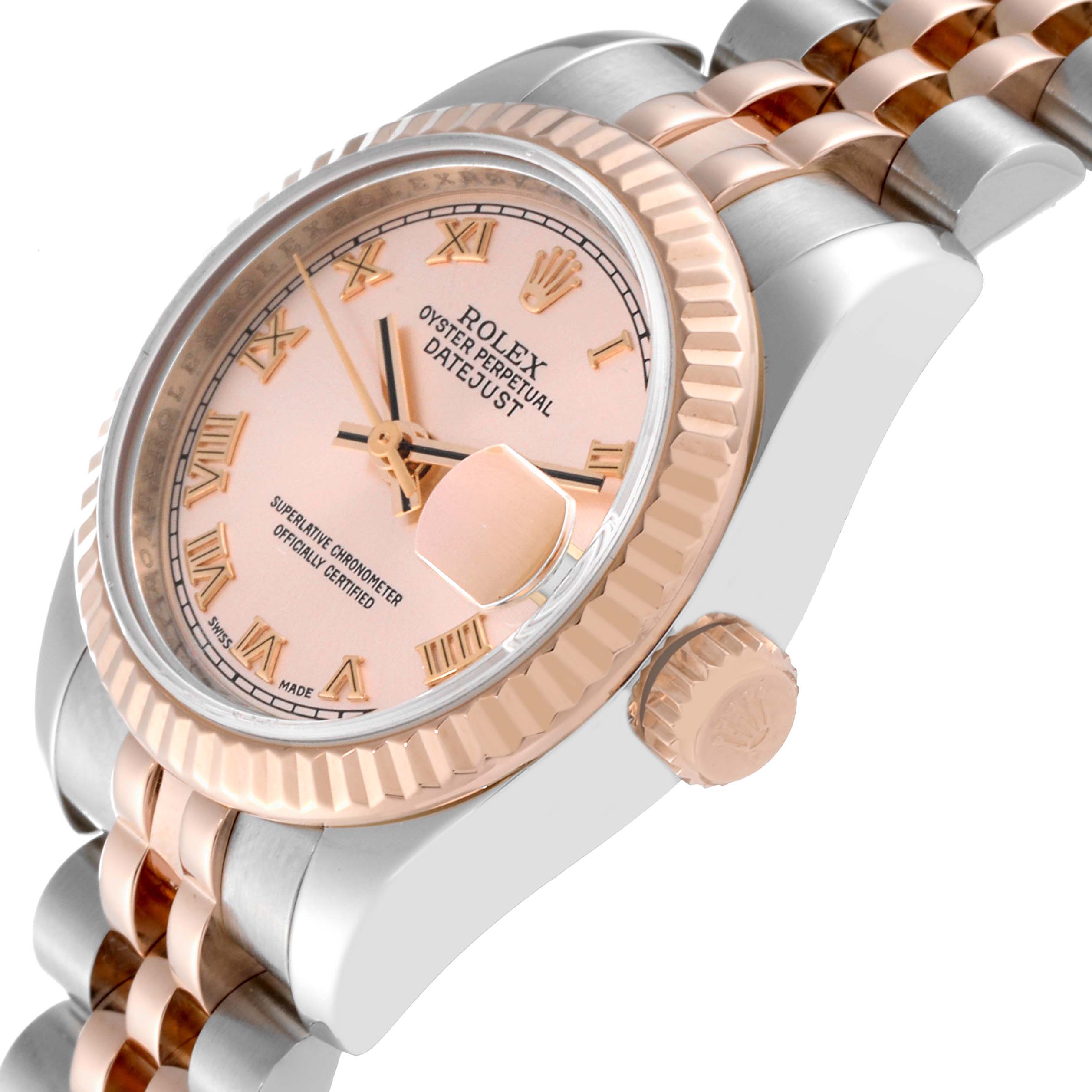 The image displays a close-up of a Rolex Datejust 179171 Women's Steel and Gold (two tone) Pink Dial 179171 Women's Steel and Gold (two tone) Pink Dial watch, highlighting its dial, bezel, crown, and part of the bracelet.