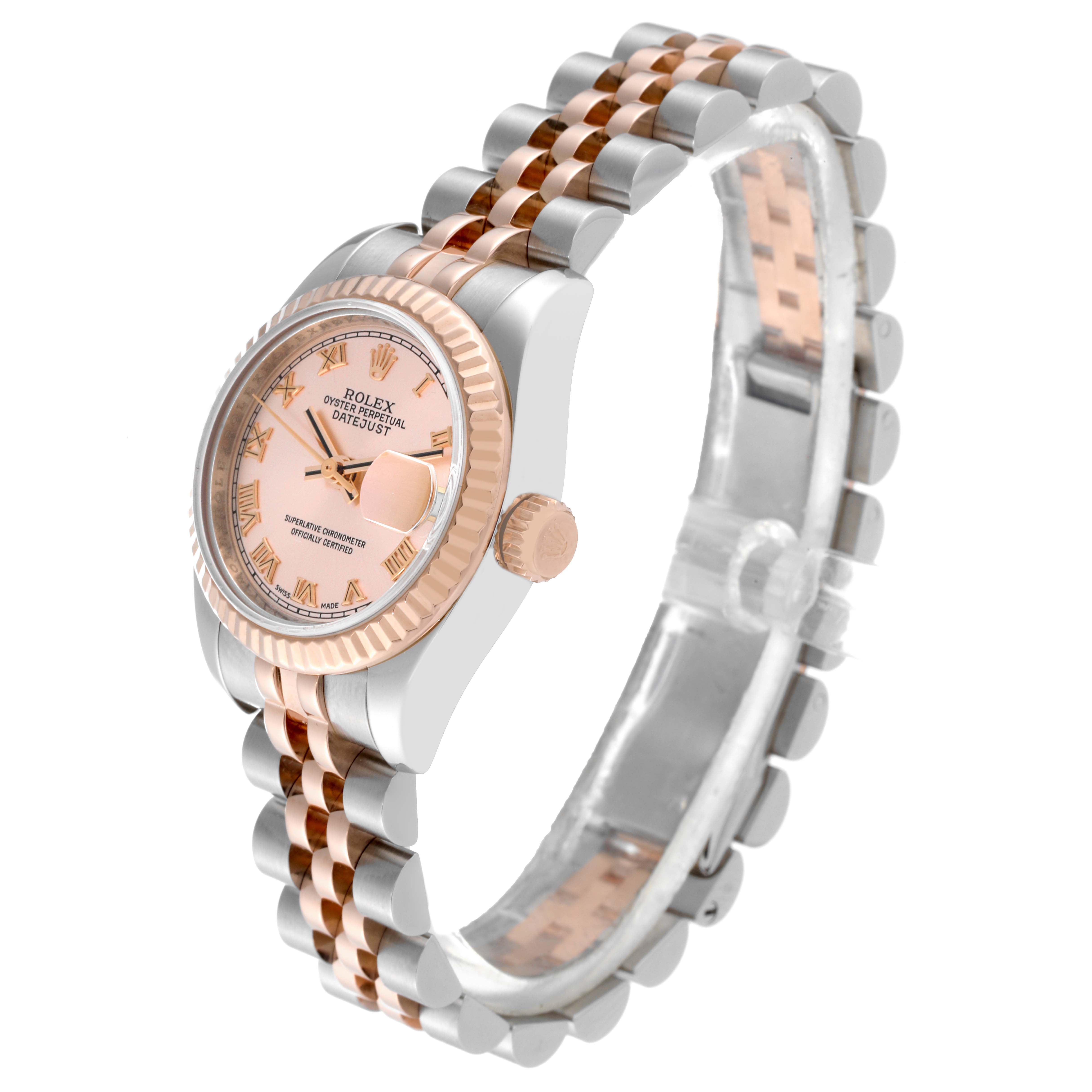 The image shows a side view of a Rolex Datejust 179171 Women's Steel and Gold (two tone) Pink Dial 179171 Women's Steel and Gold (two tone) Pink Dial watch, highlighting the dial, bezel, and the two-tone jubilee bracelet.