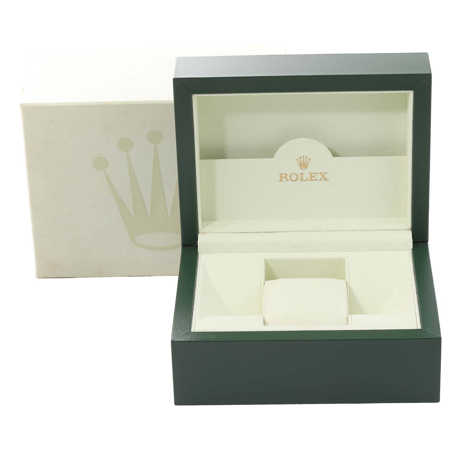 This image shows an open Rolex Datejust 179171 Women's Steel and Gold (two tone) Pink Dial 179171 Women's Steel and Gold (two tone) Pink Dial model watch box at an angle revealing the interior compartments.