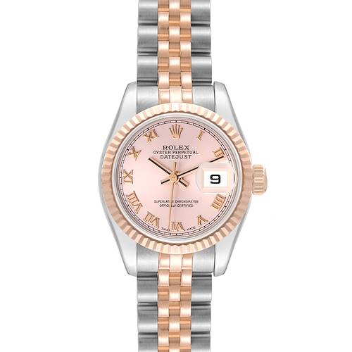 This image shows a front view of the Rolex Datejust watch, featuring its pink dial, fluted bezel, and two-tone jubilee bracelet.