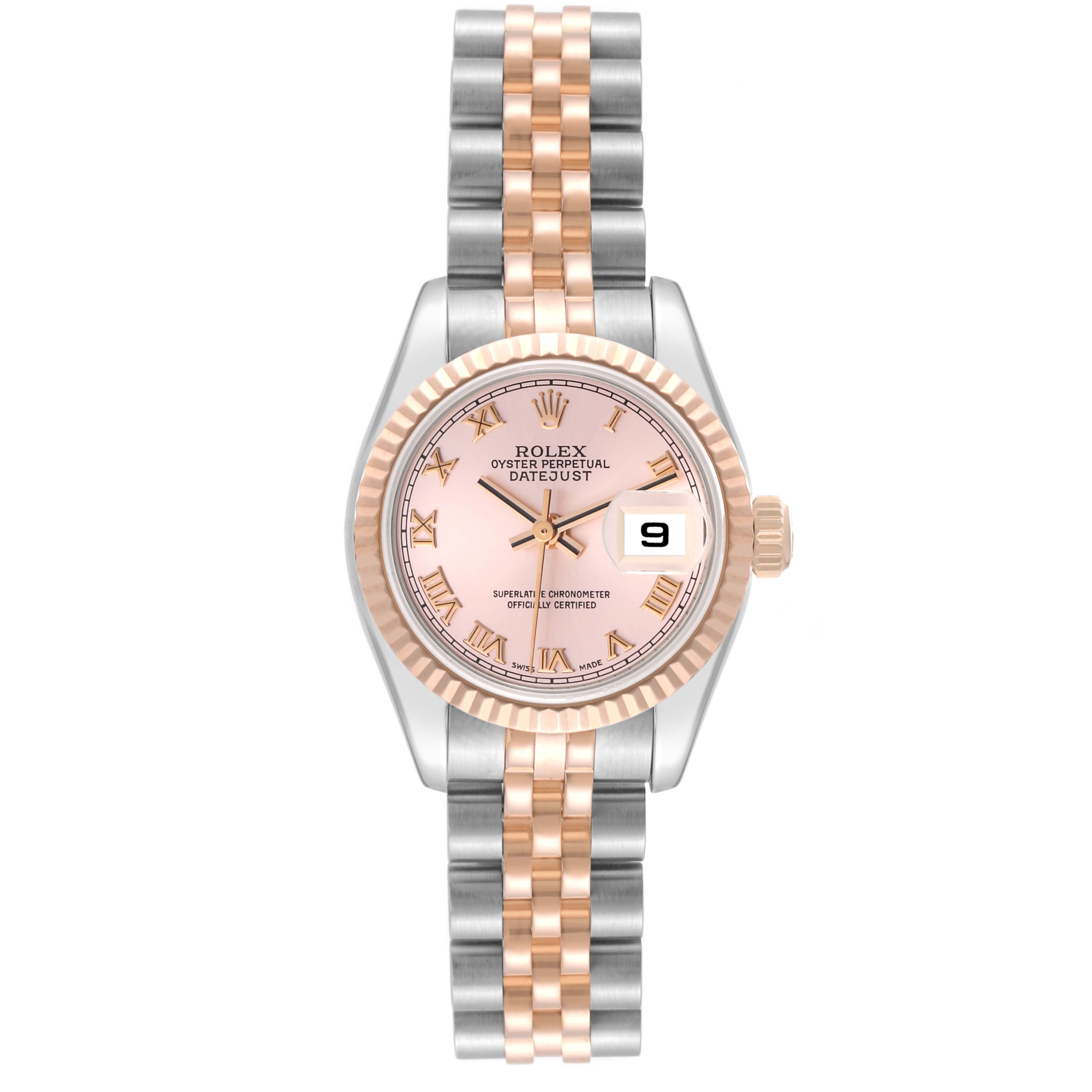 The image shows a front view of a Rolex Datejust 179171 Women's Steel and Gold (two tone) Pink Dial 179171 Women's Steel and Gold (two tone) Pink Dial watch, highlighting its face, bezel, and bracelet.