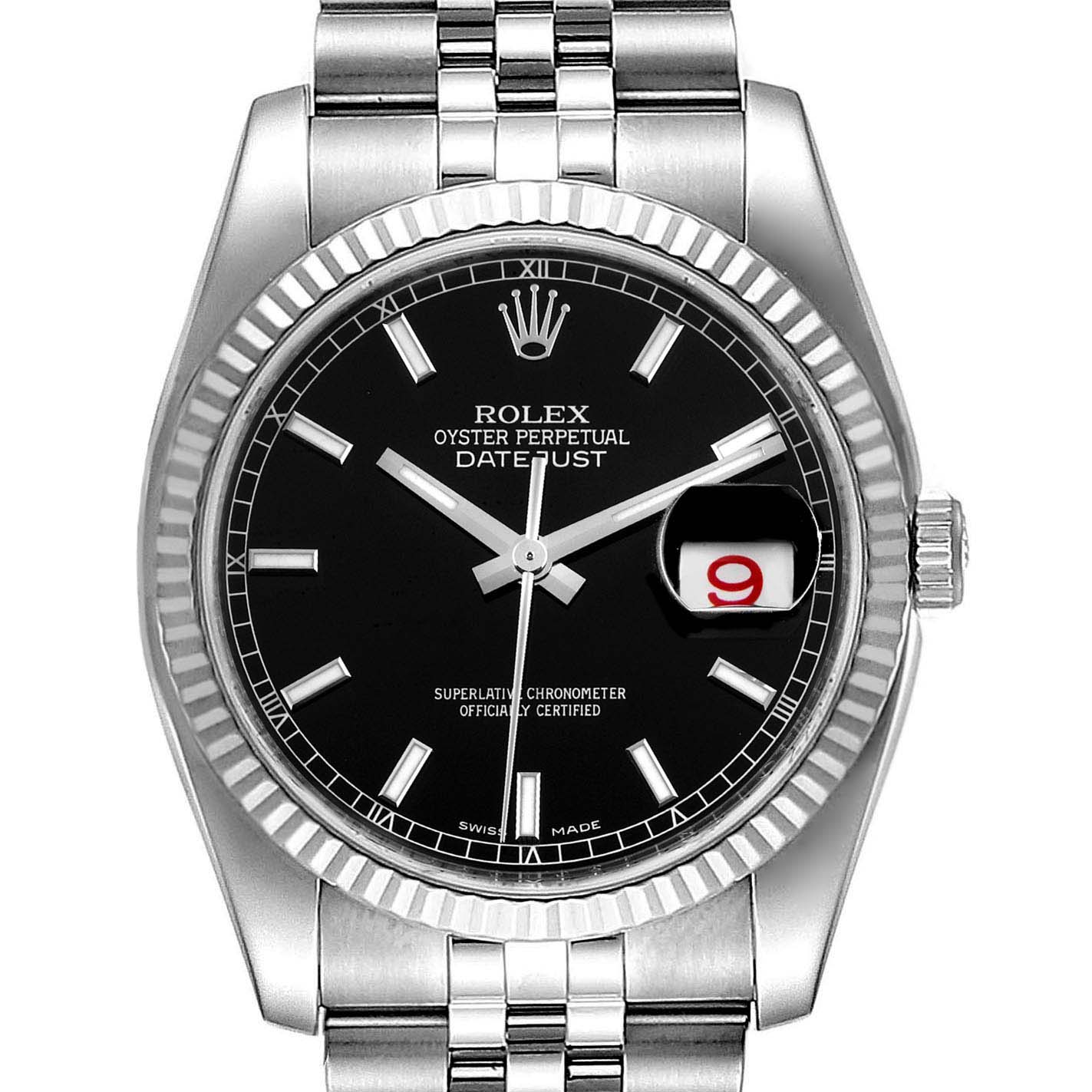 This image shows a front view of the Rolex Datejust 116234 Men's Stainless Steel Black Dial 116234 Men's Stainless Steel Black Dial watch, highlighting its black dial, fluted bezel, and date window.
