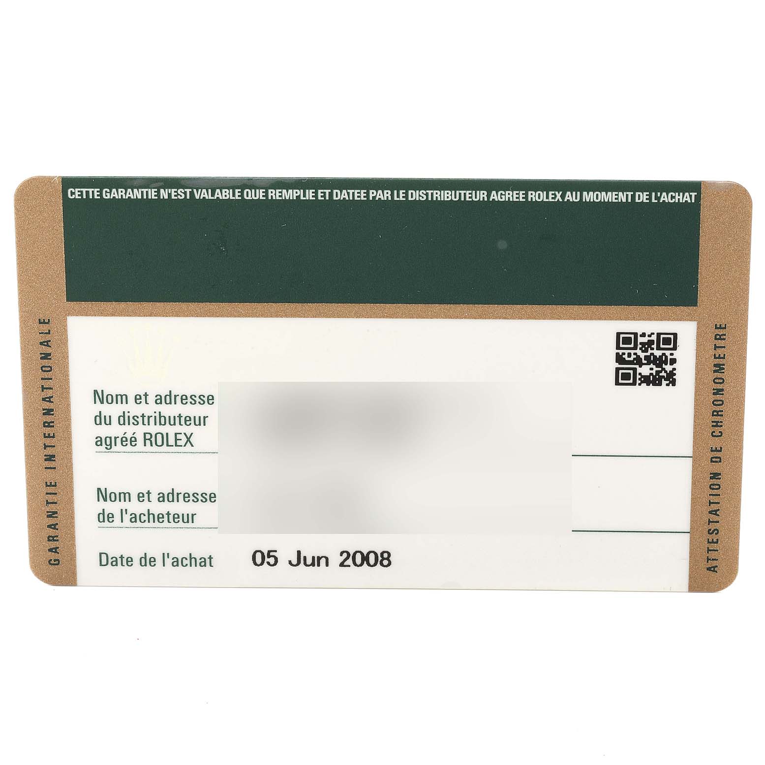 The image shows a warranty card for the Rolex Datejust 116234 Men's Stainless Steel Black Dial 116234 Men's Stainless Steel Black Dial watch model, including purchase date and some obscured personal information.
