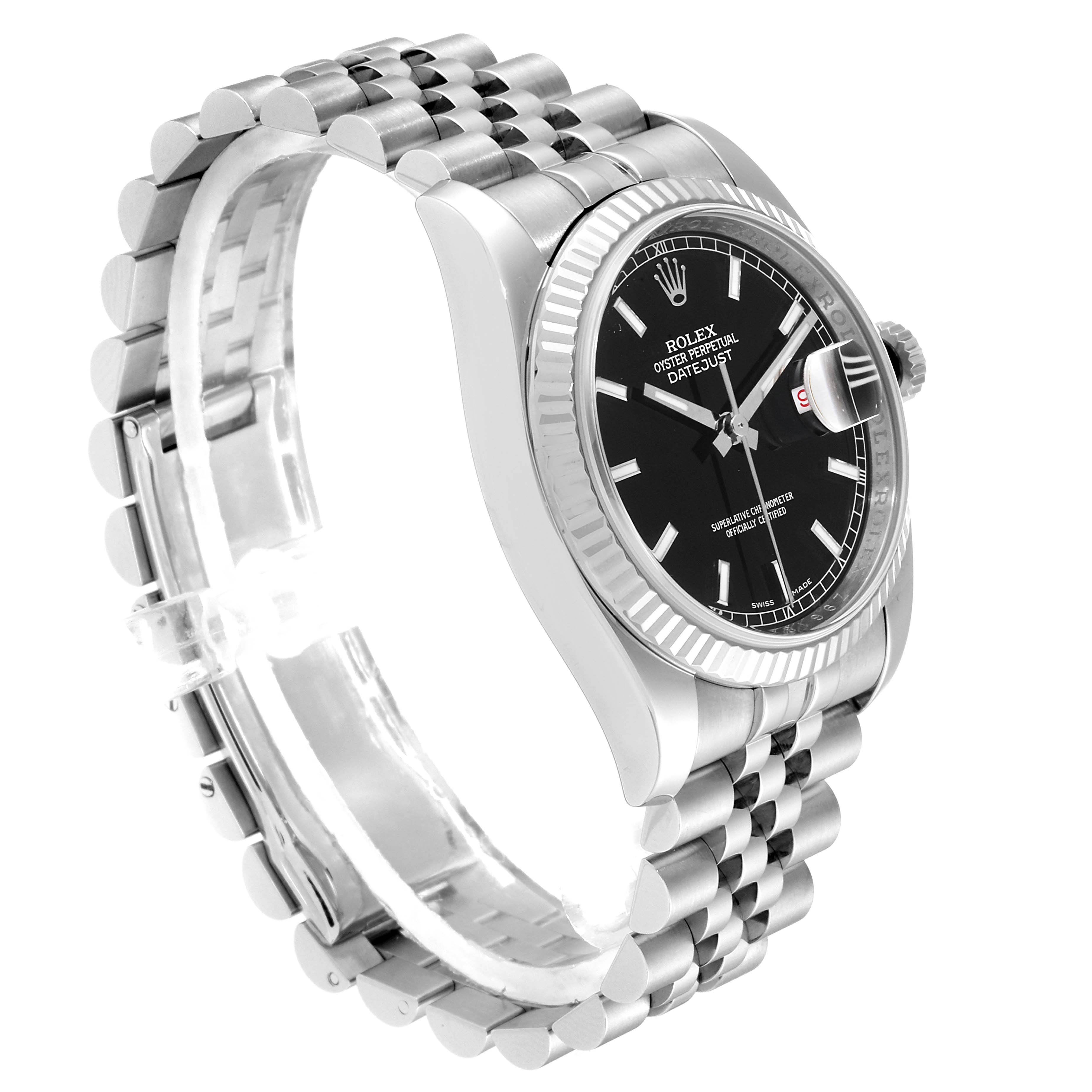 The image shows a side and front angle of a Rolex Datejust 116234 Men's Stainless Steel Black Dial 116234 Men's Stainless Steel Black Dial watch, including its bracelet, case, and face.