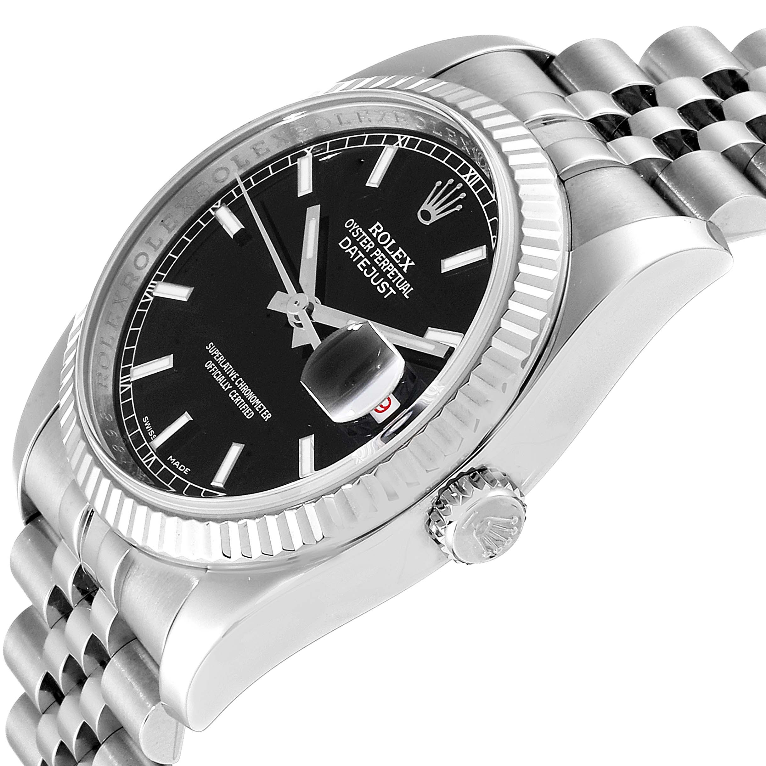 This image shows a Rolex Datejust 116234 Men's Stainless Steel Black Dial 116234 Men's Stainless Steel Black Dial watch from an angled view, highlighting its bezel, crown, dial, and bracelet.