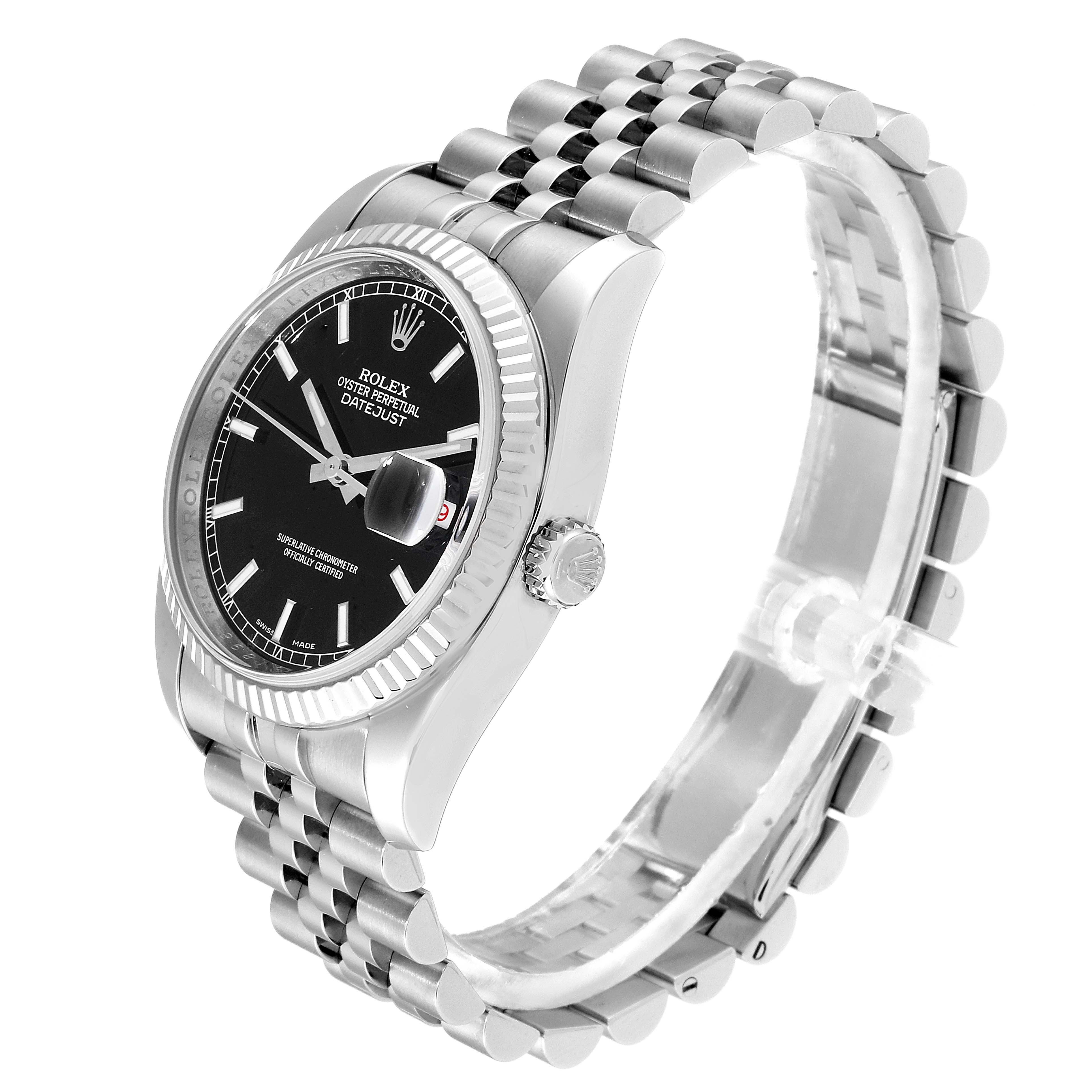 The Rolex Datejust 116234 Men's Stainless Steel Black Dial 116234 Men's Stainless Steel Black Dial watch is shown at a three-quarter angle, highlighting its face, bezel, crown, and bracelet.
