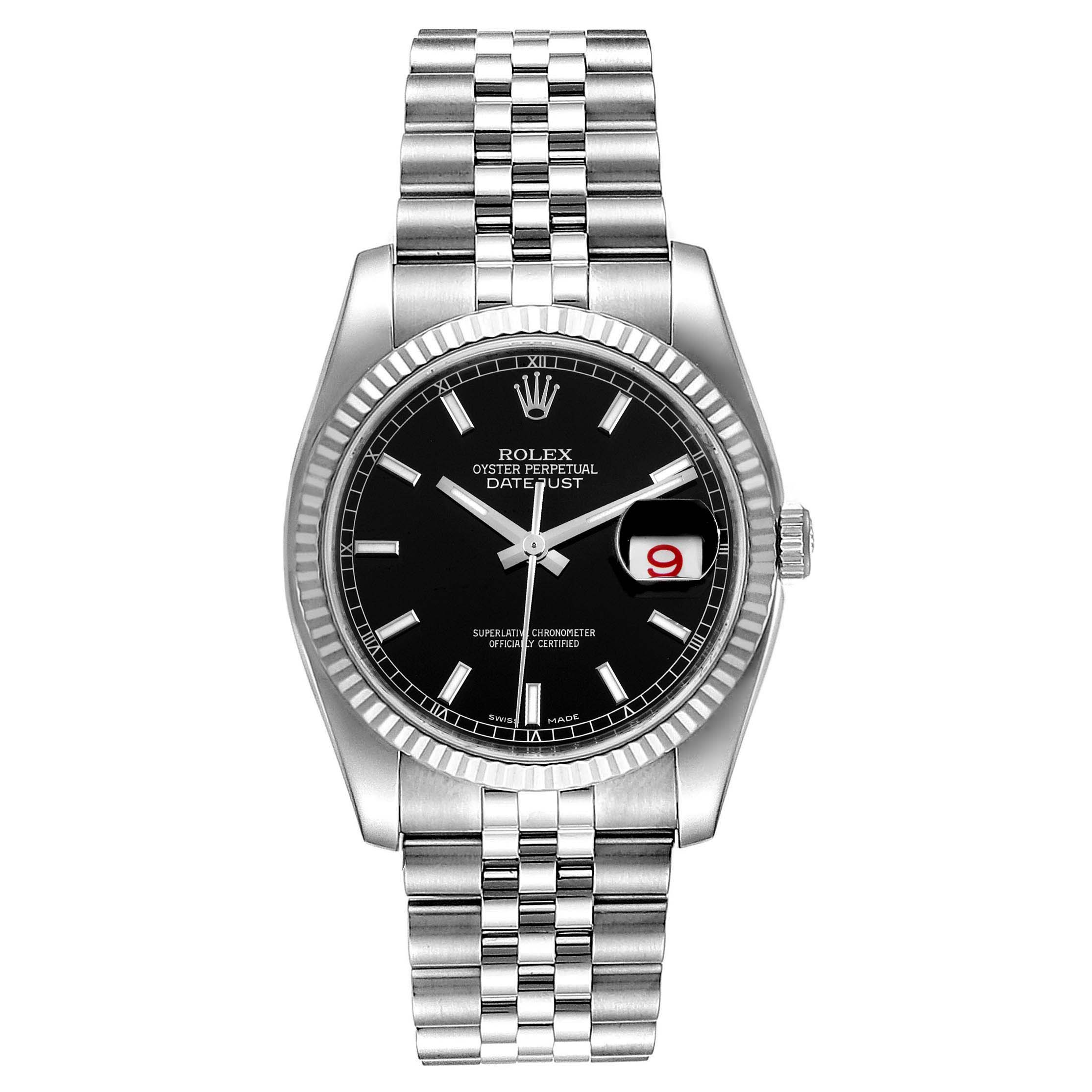 The image shows a front view of a Rolex Datejust 116234 Men's Stainless Steel Black Dial 116234 Men's Stainless Steel Black Dial watch, highlighting its black dial, jubilee bracelet, and date window with a cyclops lens.