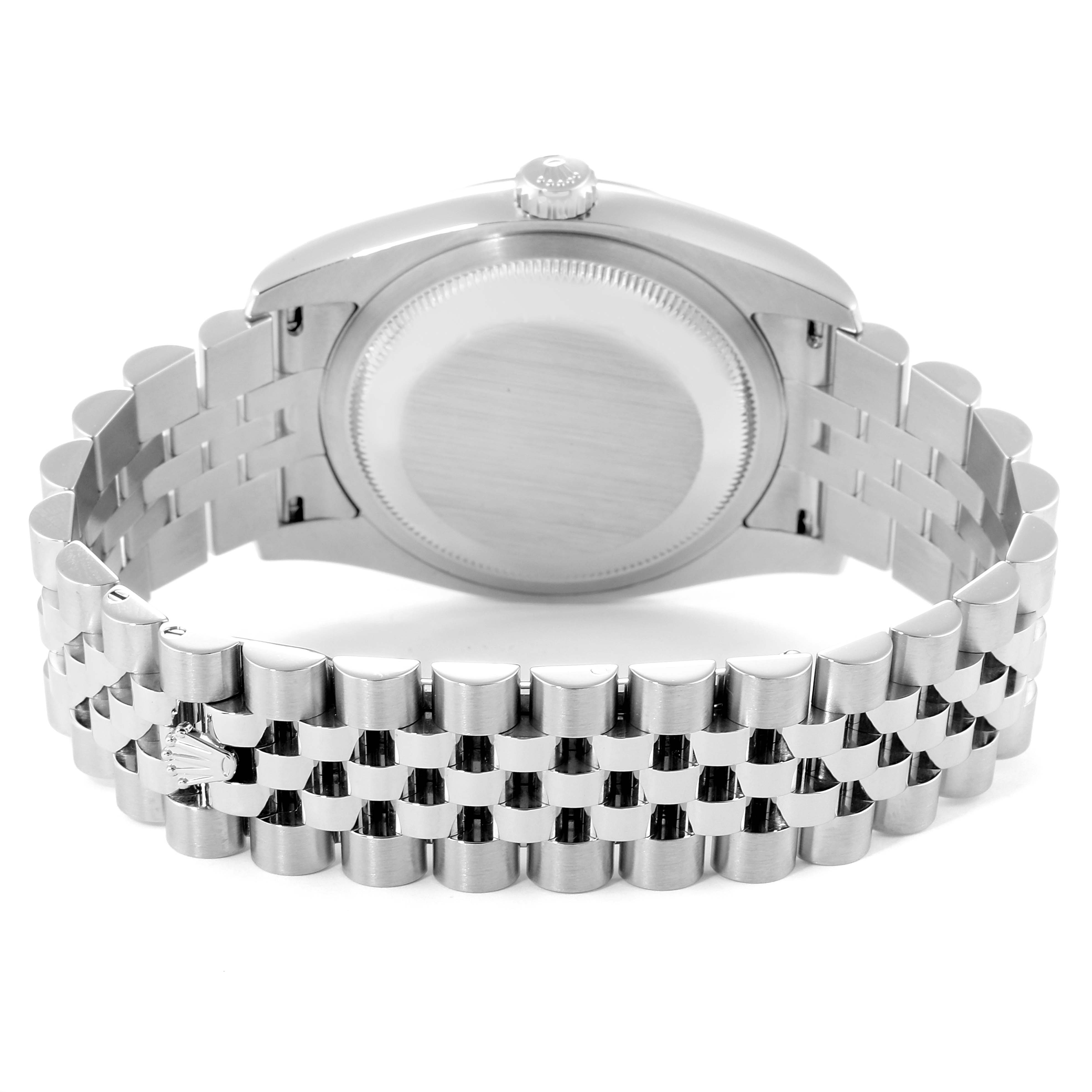 This image shows the back case and bracelet of a Rolex Datejust 116234 Men's Stainless Steel Black Dial 116234 Men's Stainless Steel Black Dial watch from a rear angle.