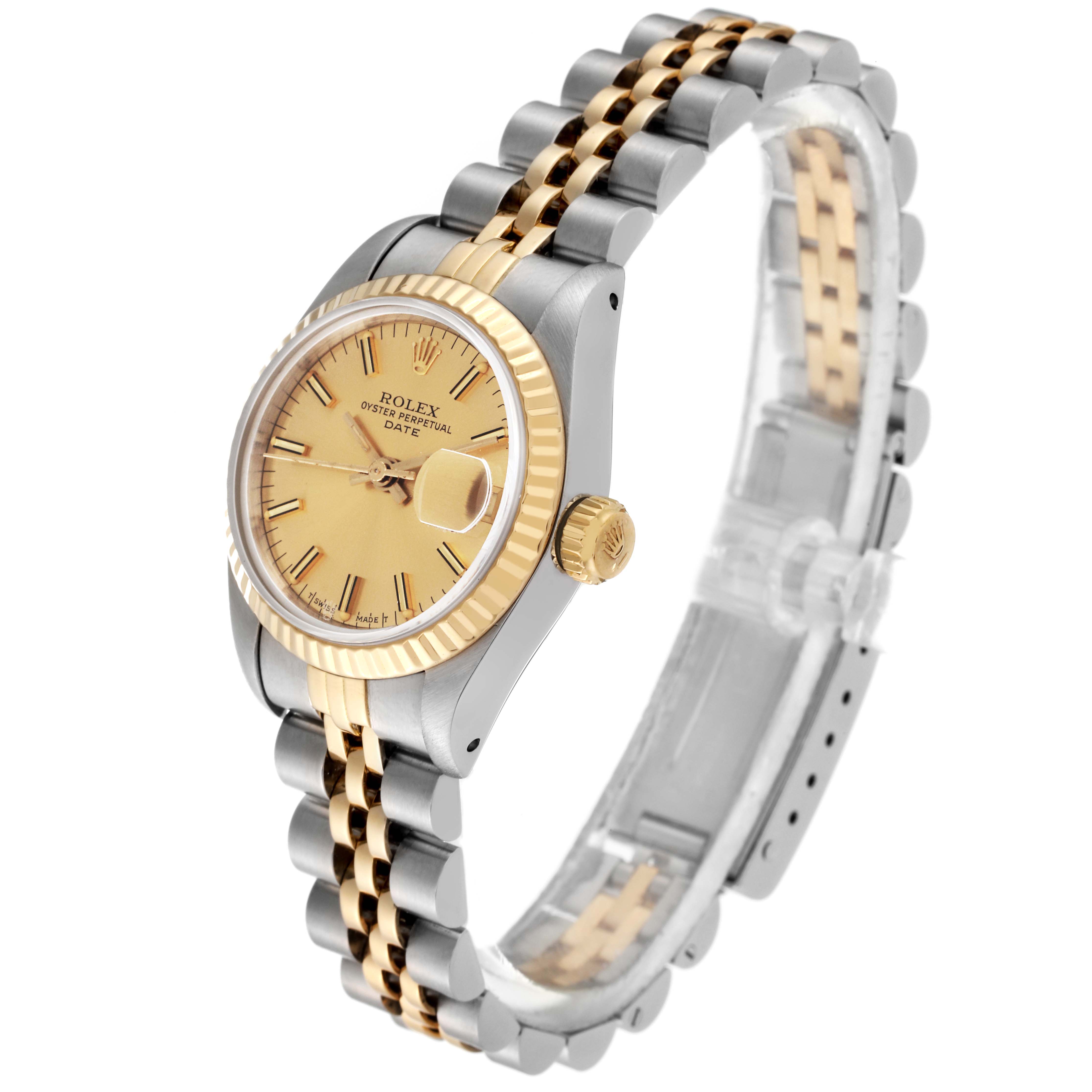 The image shows a side view of a Rolex Datejust 69173 Women's Steel and Gold (two tone) Champagne Dial 69173 Women's Steel and Gold (two tone) Champagne Dial watch, highlighting its gold and silver bracelet, crown, and dial.