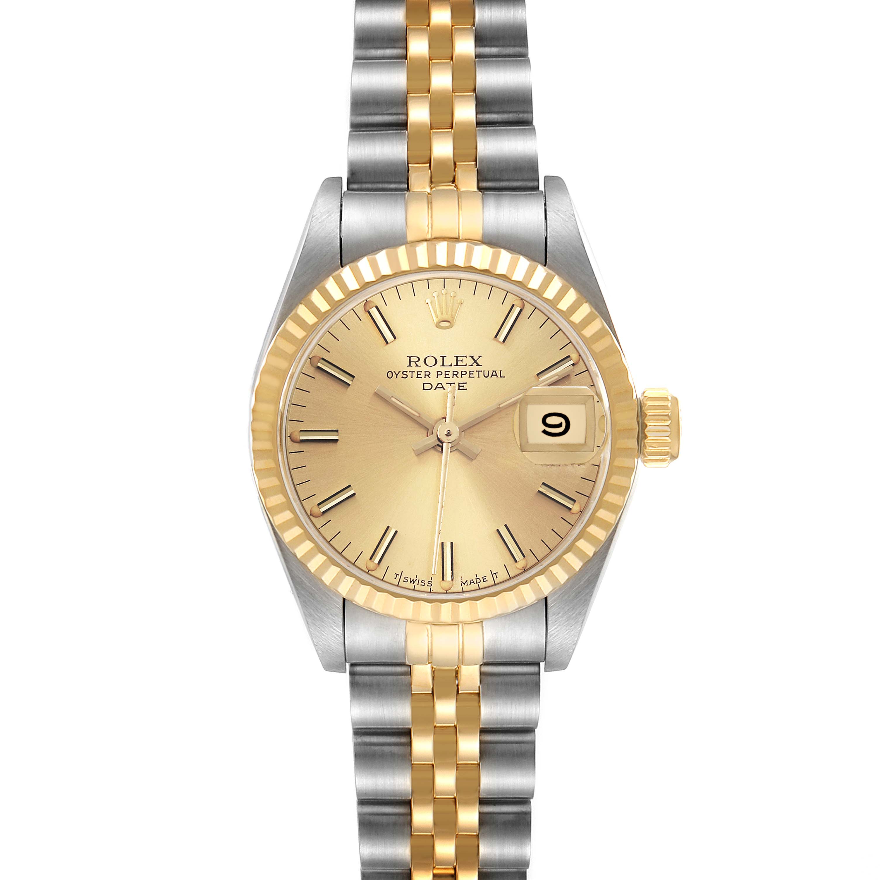 This Rolex Datejust 69173 Women's Steel and Gold (two tone) Champagne Dial 69173 Women's Steel and Gold (two tone) Champagne Dial watch is shown from a front angle, highlighting its dial, bracelet, bezel, and crown.