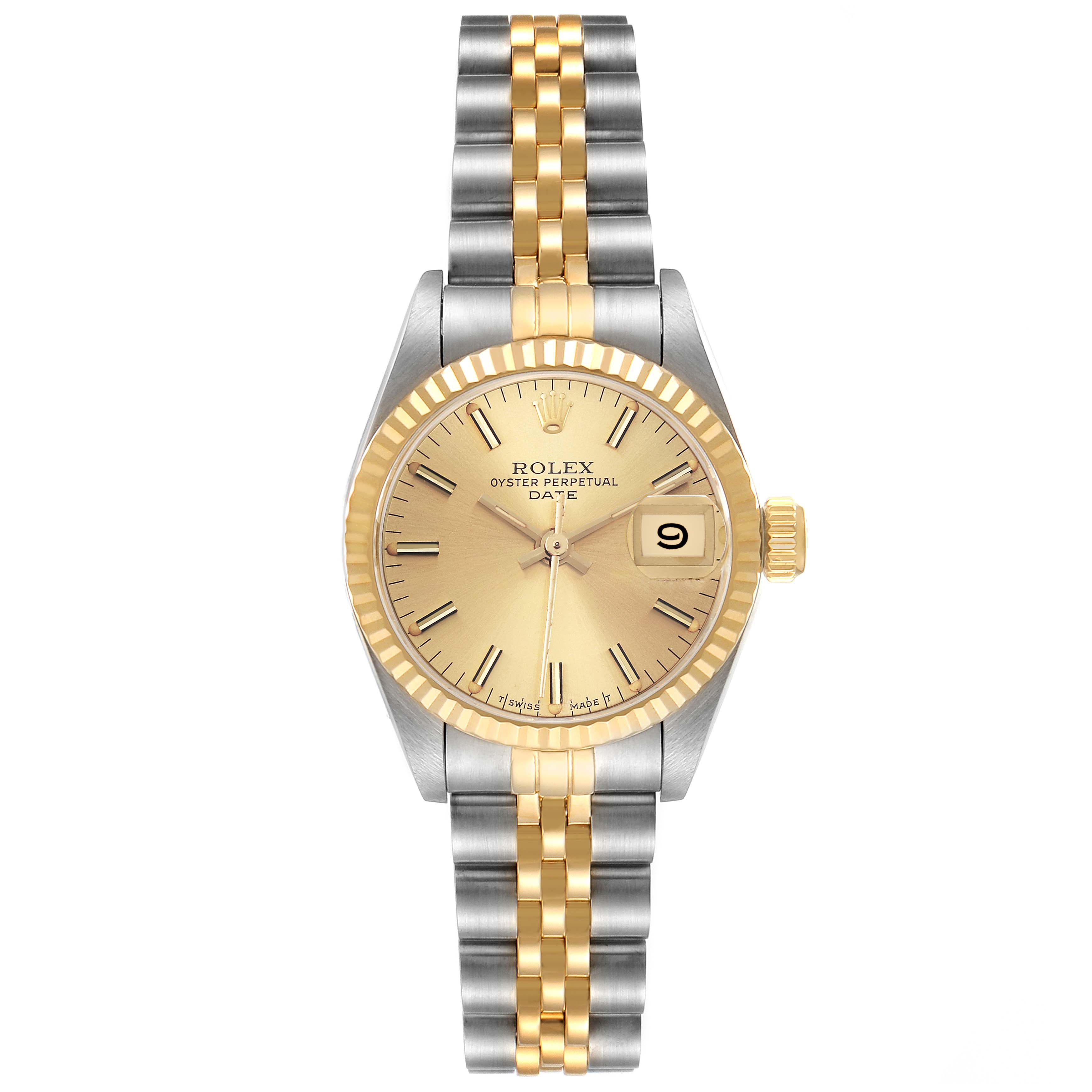 The image shows a Rolex Datejust 69173 Women's Steel and Gold (two tone) Champagne Dial 69173 Women's Steel and Gold (two tone) Champagne Dial watch from a top view, highlighting its gold bezel, champagne dial, and bicolor Jubilee bracelet.