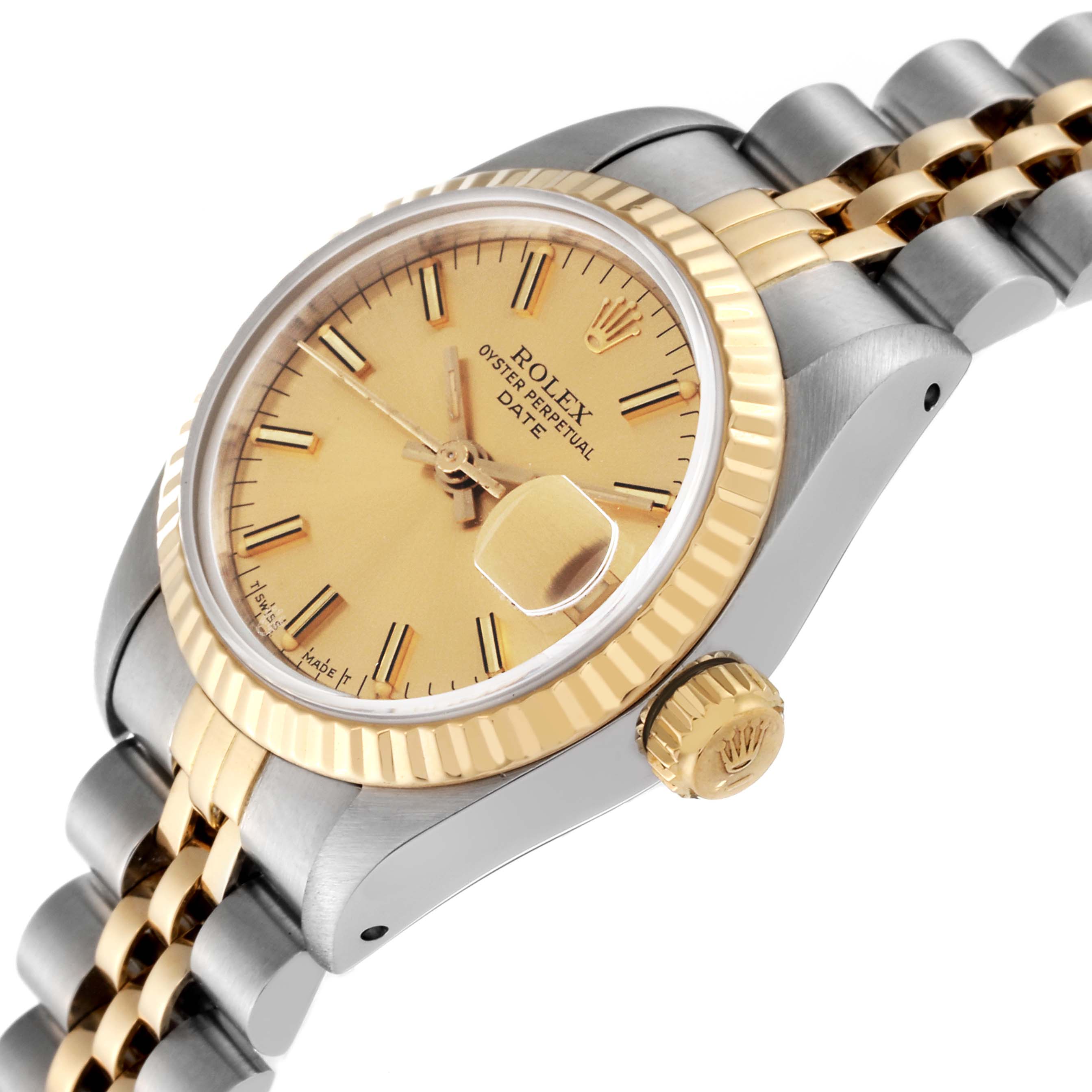 The Rolex Datejust 69173 Women's Steel and Gold (two tone) Champagne Dial 69173 Women's Steel and Gold (two tone) Champagne Dial watch is shown at an angled view, highlighting the dial, fluted bezel, crown, and two-tone bracelet.