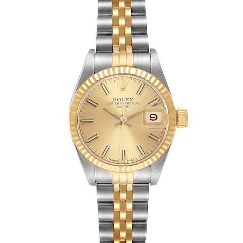 This image shows a frontal view of a Rolex Datejust watch, highlighting its face, bezel, crown, and bracelet.