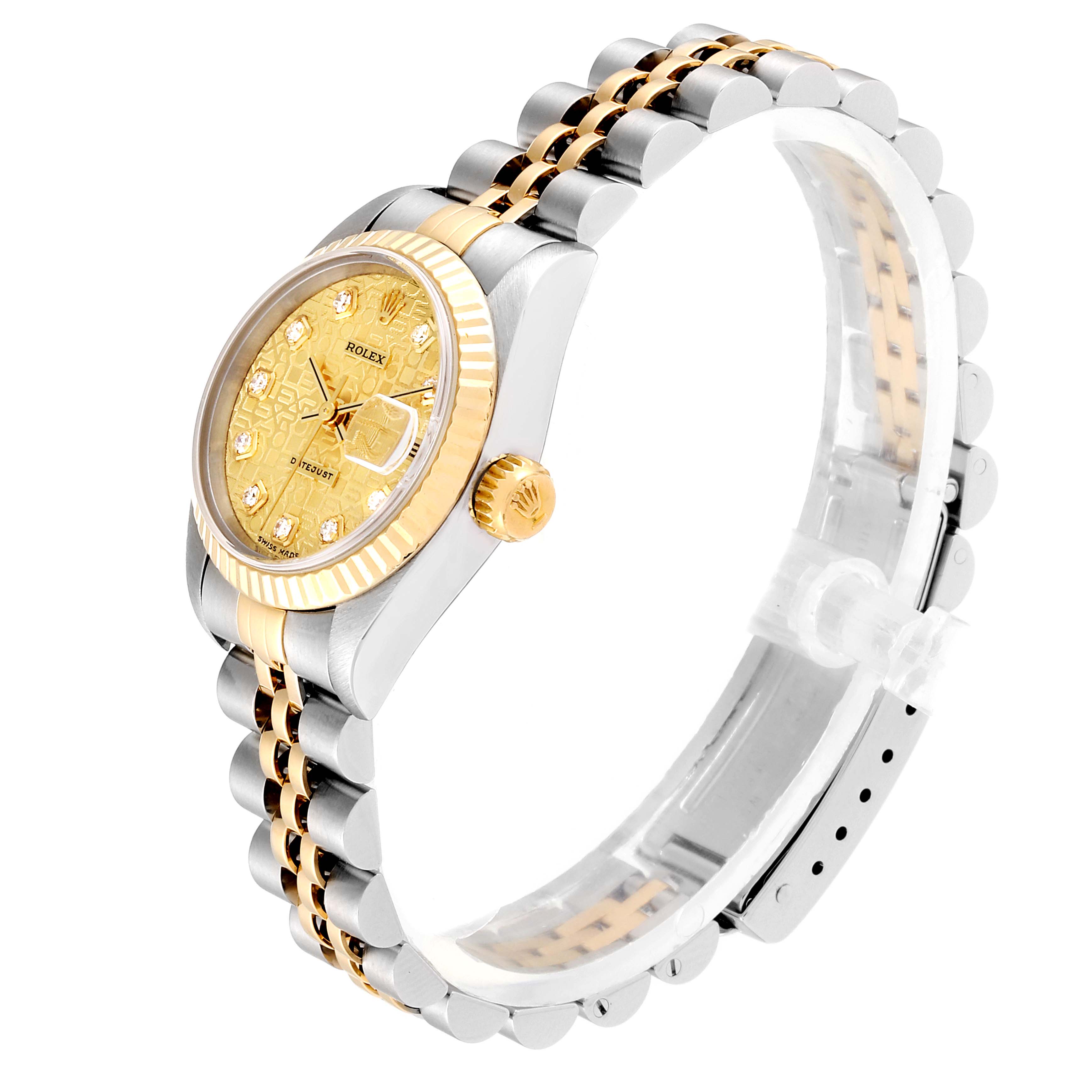 The image shows a Rolex Datejust 69173 Women's Steel and Gold (two tone) Champagne Dial 69173 Women's Steel and Gold (two tone) Champagne Dial watch from a side angle, highlighting the dial, bezel, crown, and bracelet.