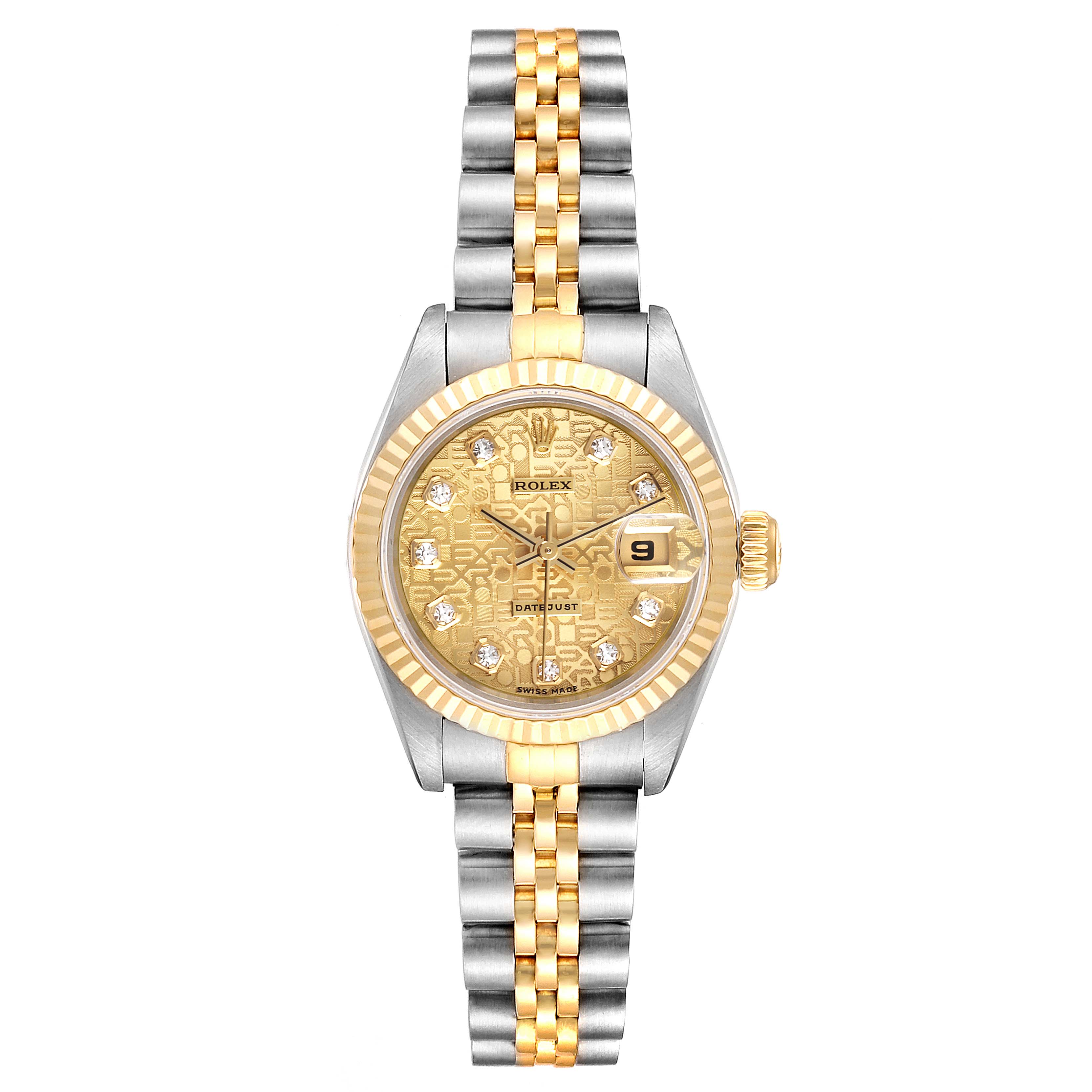 This image shows a front view of a Rolex Datejust 69173 Women's Steel and Gold (two tone) Champagne Dial 69173 Women's Steel and Gold (two tone) Champagne Dial watch, highlighting its face, bezel, and bracelet.