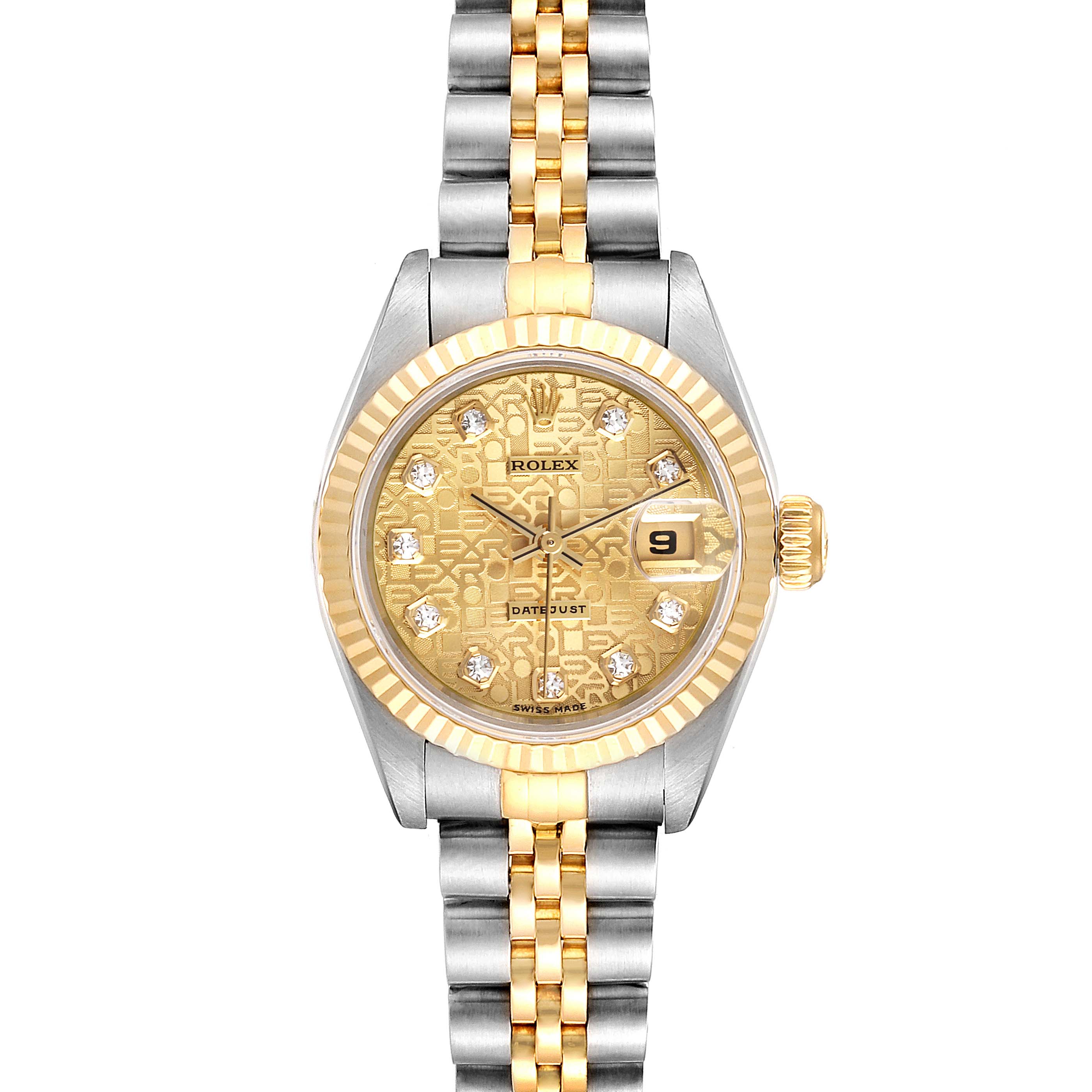 The image shows a front view of a Rolex Datejust 69173 Women's Steel and Gold (two tone) Champagne Dial 69173 Women's Steel and Gold (two tone) Champagne Dial watch, highlighting its gold dial, fluted bezel, and two-tone bracelet.