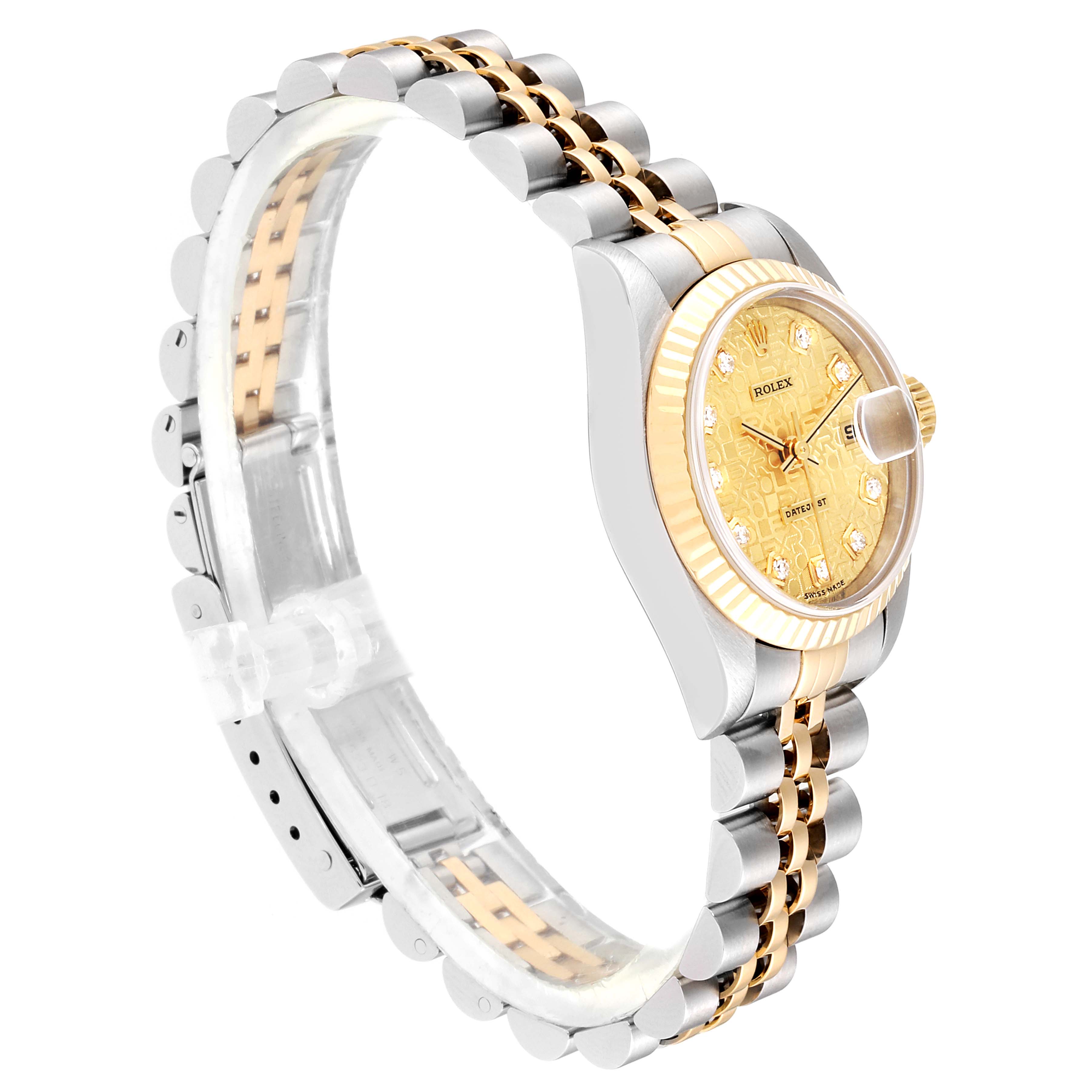 The image shows a Rolex Datejust 69173 Women's Steel and Gold (two tone) Champagne Dial 69173 Women's Steel and Gold (two tone) Champagne Dial watch at a side angle, highlighting the bracelet and case with a close-up of the dial.