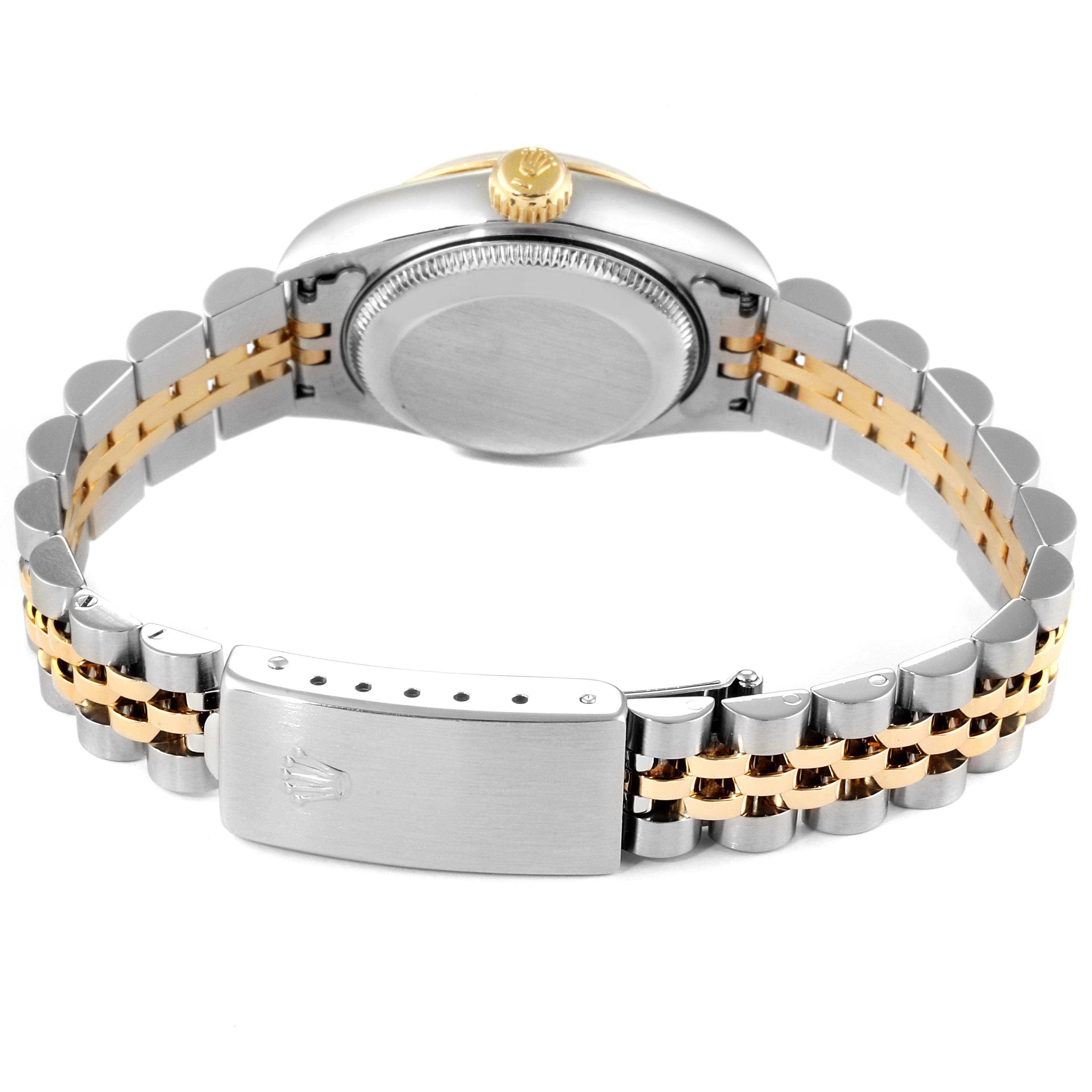 The image shows the back view of a Rolex Datejust 69173 Women's Steel and Gold (two tone) Champagne Dial 69173 Women's Steel and Gold (two tone) Champagne Dial watch, highlighting the bracelet, clasp, and case back.