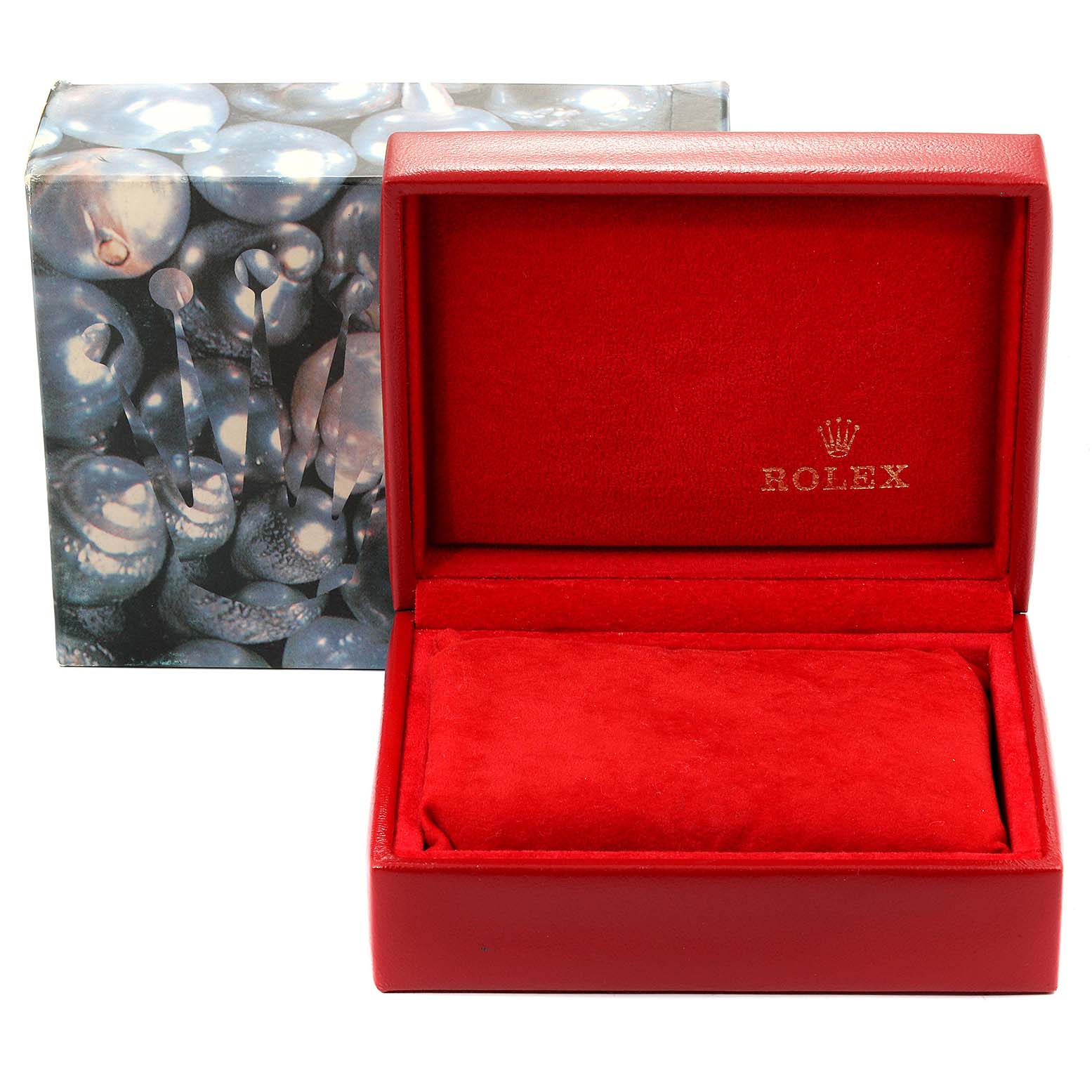 This image shows a red Rolex Datejust 69173 Women's Steel and Gold (two tone) Champagne Dial 69173 Women's Steel and Gold (two tone) Champagne Dial watch box with a protective cushion inside and an outer decorative box.